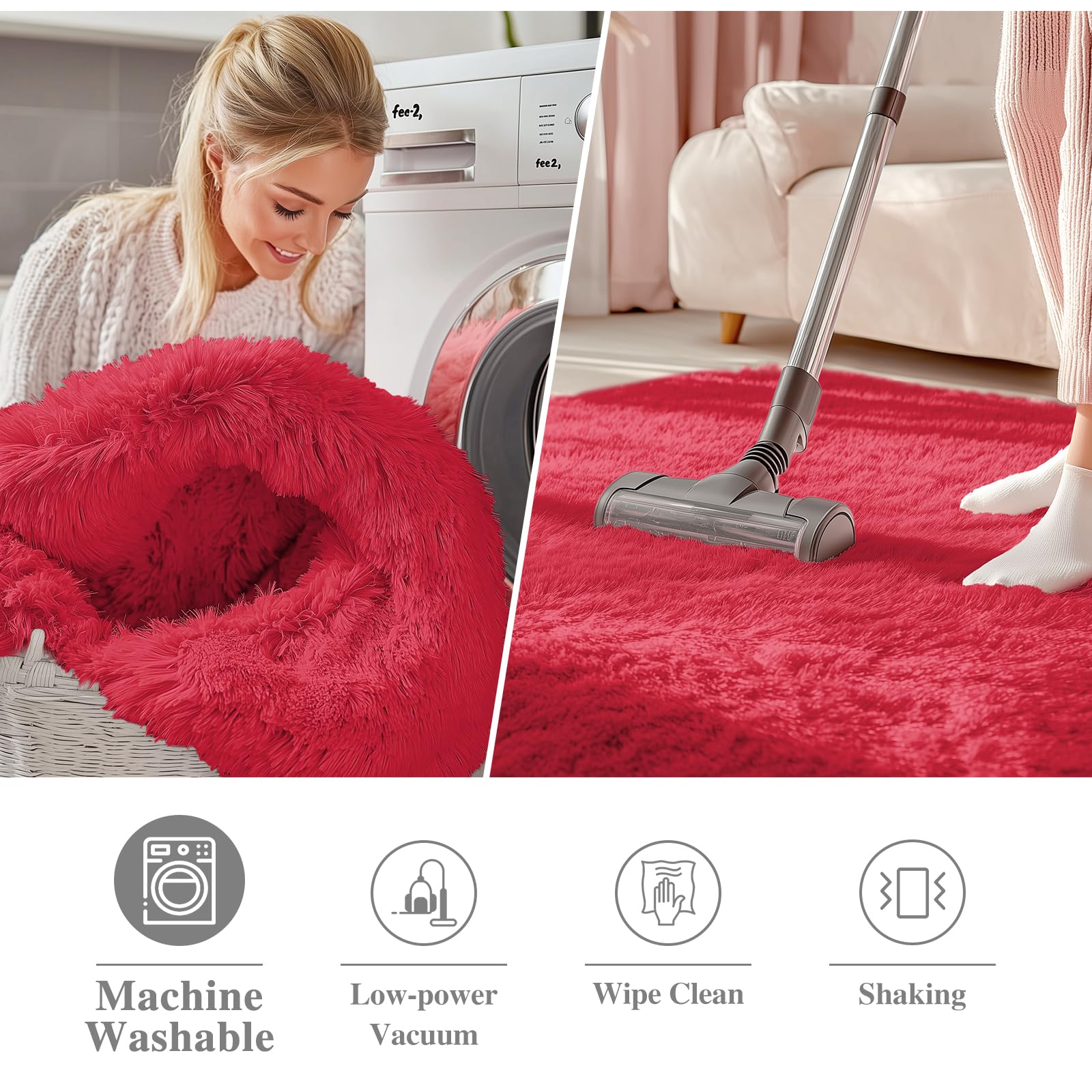 OLANLY Red Round Rugs for Bedroom - Machine Washable, 2 ft Circle Area Rugs for Living Room, Soft and Fluffy Shaggy Carpet for T