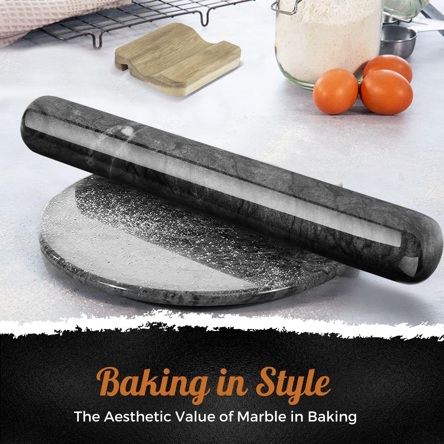 Flexzion French Rolling Pin, 12 Inch Black Marble Rolling Pins For Baking With Wooden Base Holder Stand - Non-Stick Baking Rolle