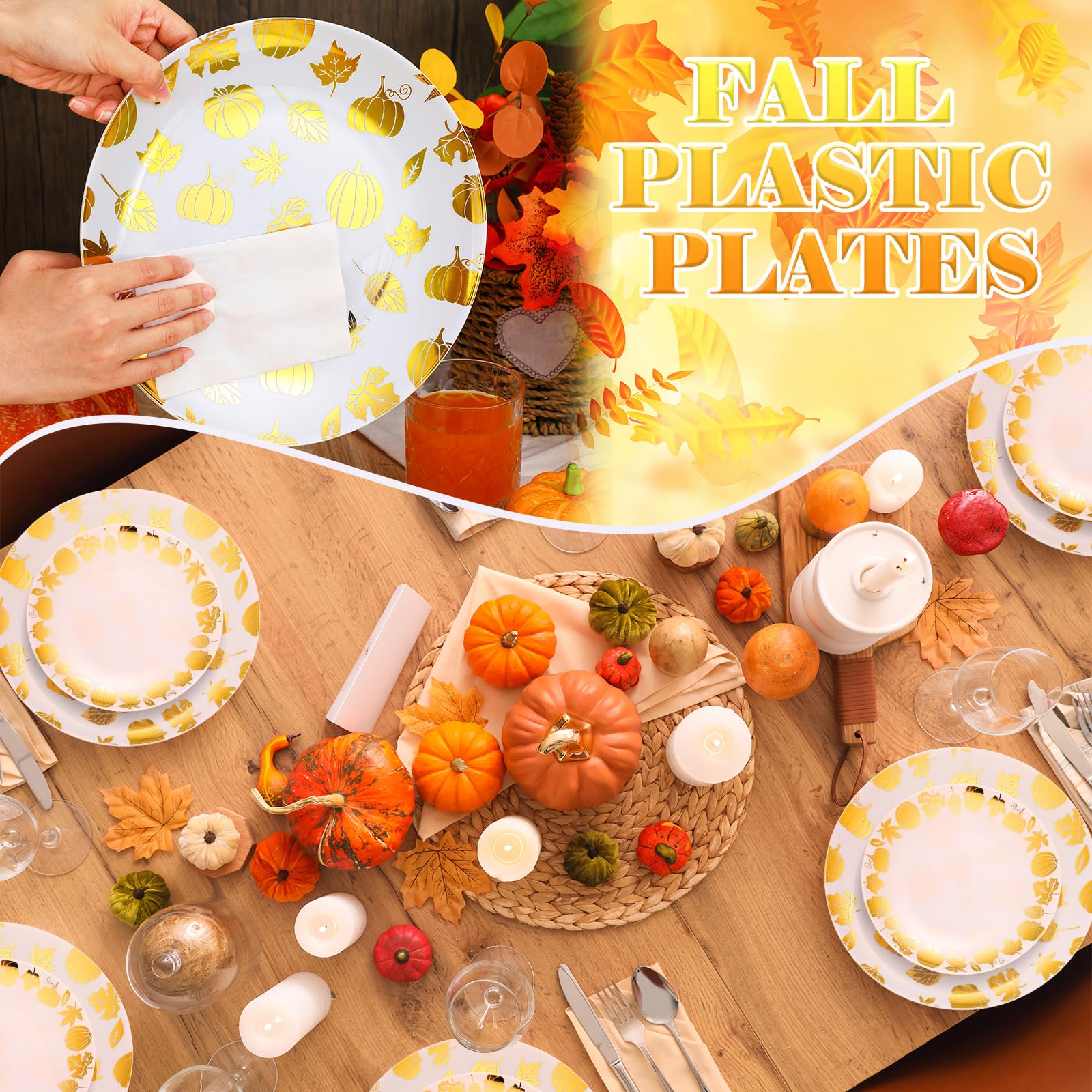 Suclain 60 Pcs Thanksgiving Party Disposable Plastic Plates Gold Fall Bridal Baby Shower Party Decoration Serves as 30 10.25 D