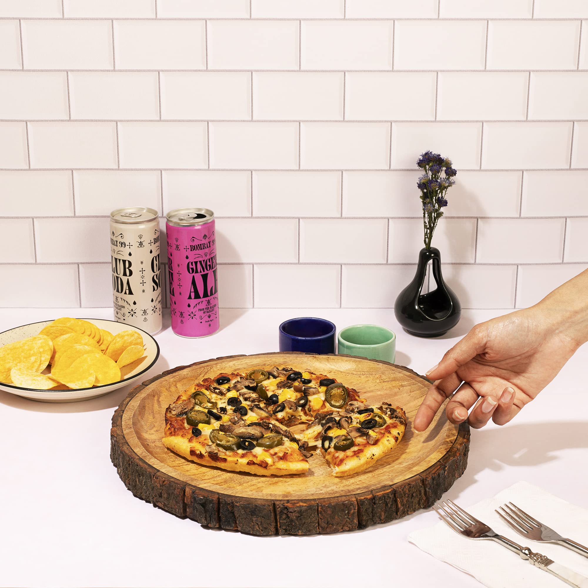 Gocraft Round Wooden Serving Platter With Tree Bark On Edges | Mango Wood Pizza Platter, Serve Board | Charcuterie Platter - 13'