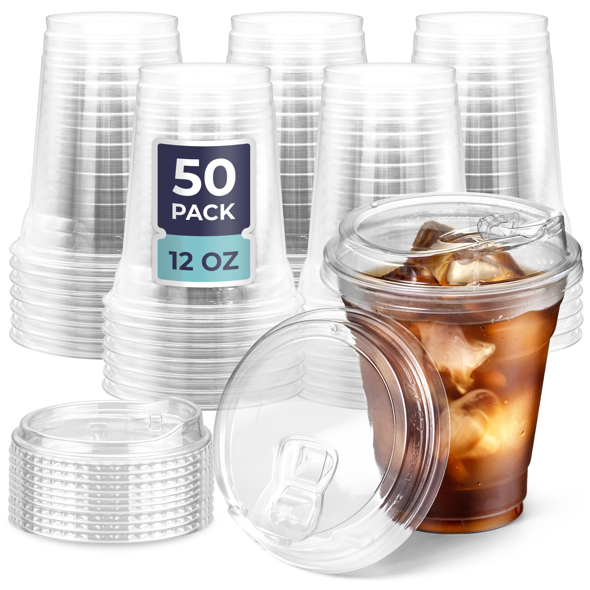 Fit Meal Prep 50 Pack 12 Oz Clear Plastic Cups With Strawless Sip Lids, Disposable Plastic Coffee Cups With Lids, To Go Cups For
