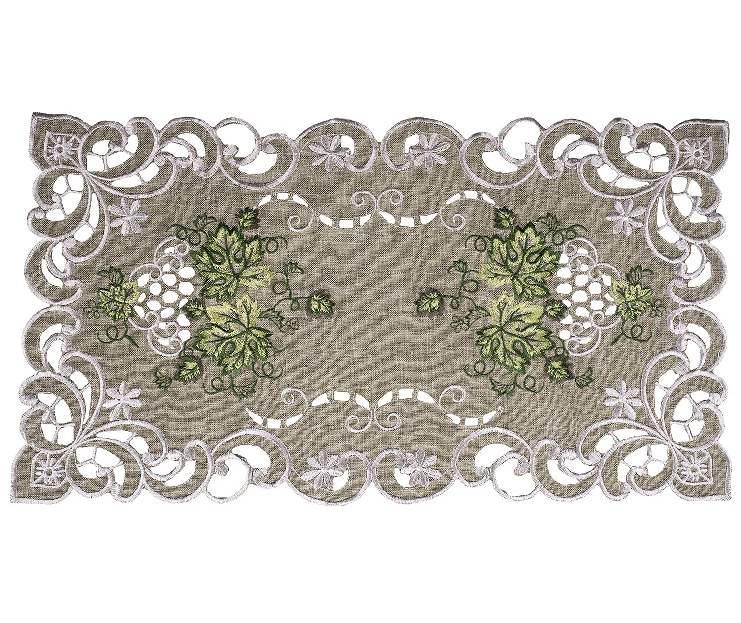 Embroidered Green Leaf On Antique Green Fabric Placemat, Table Runner, Dresser Scarf, Coffee Table Doily (11Wx21L)
