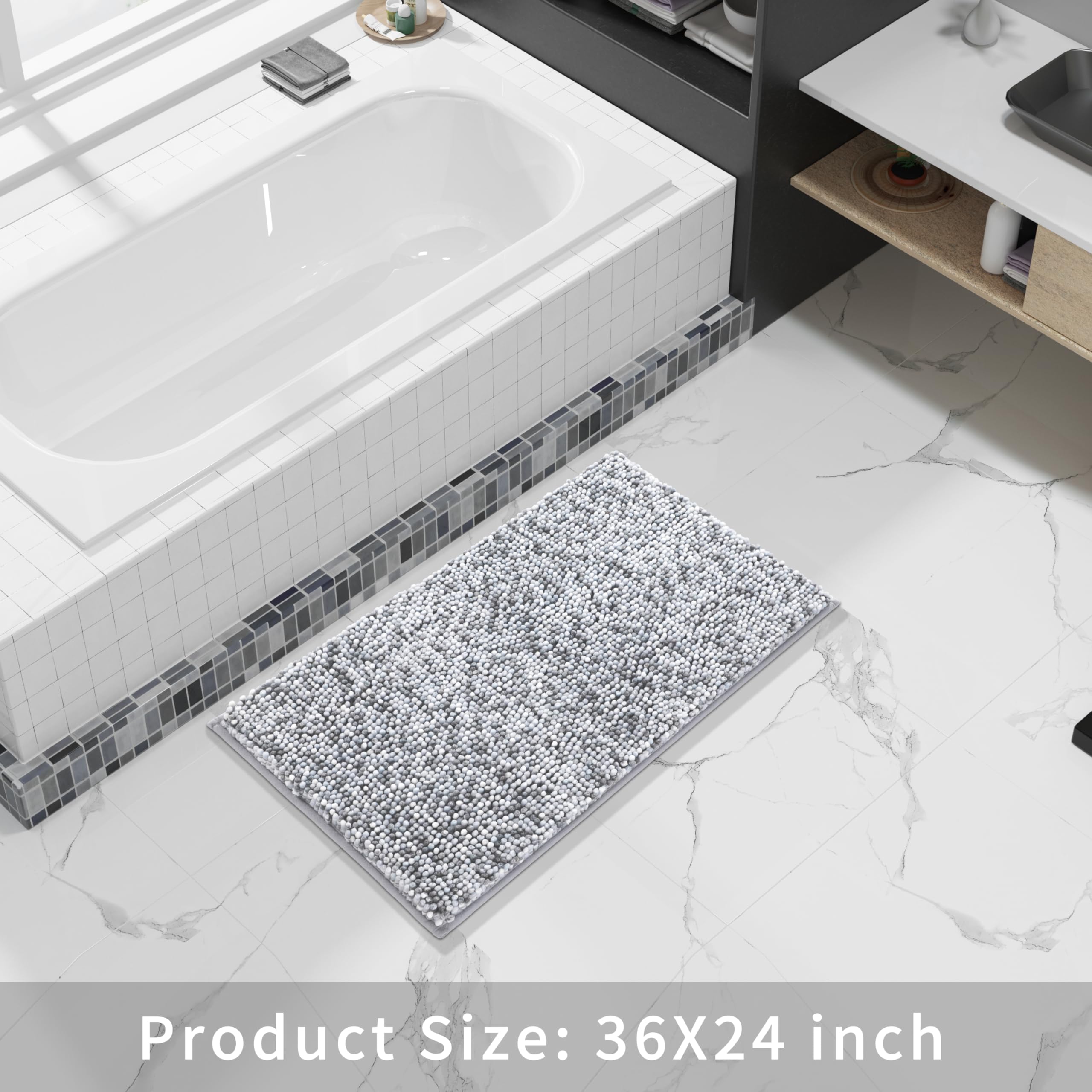 Yimobra Non-Slip Chenille Bath Mat, 36x24, Extra Soft, Water Absorbent, Light Gray & Dark Gray