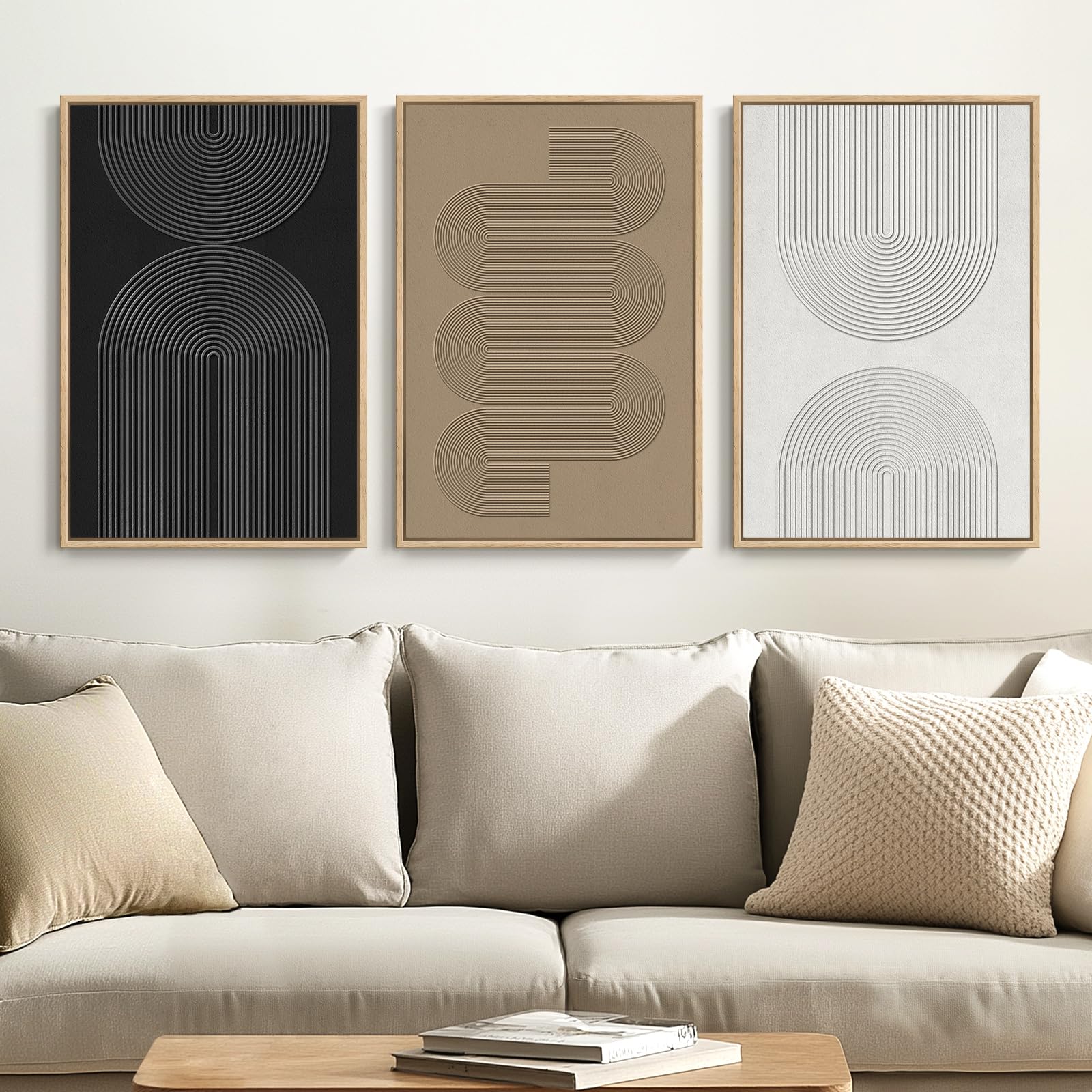Framed Black And White Brown Abstract Wall Art, 3 Piece Boho Geometric Canvas Prints Paintings Artwork For Walls, Modern Minimal