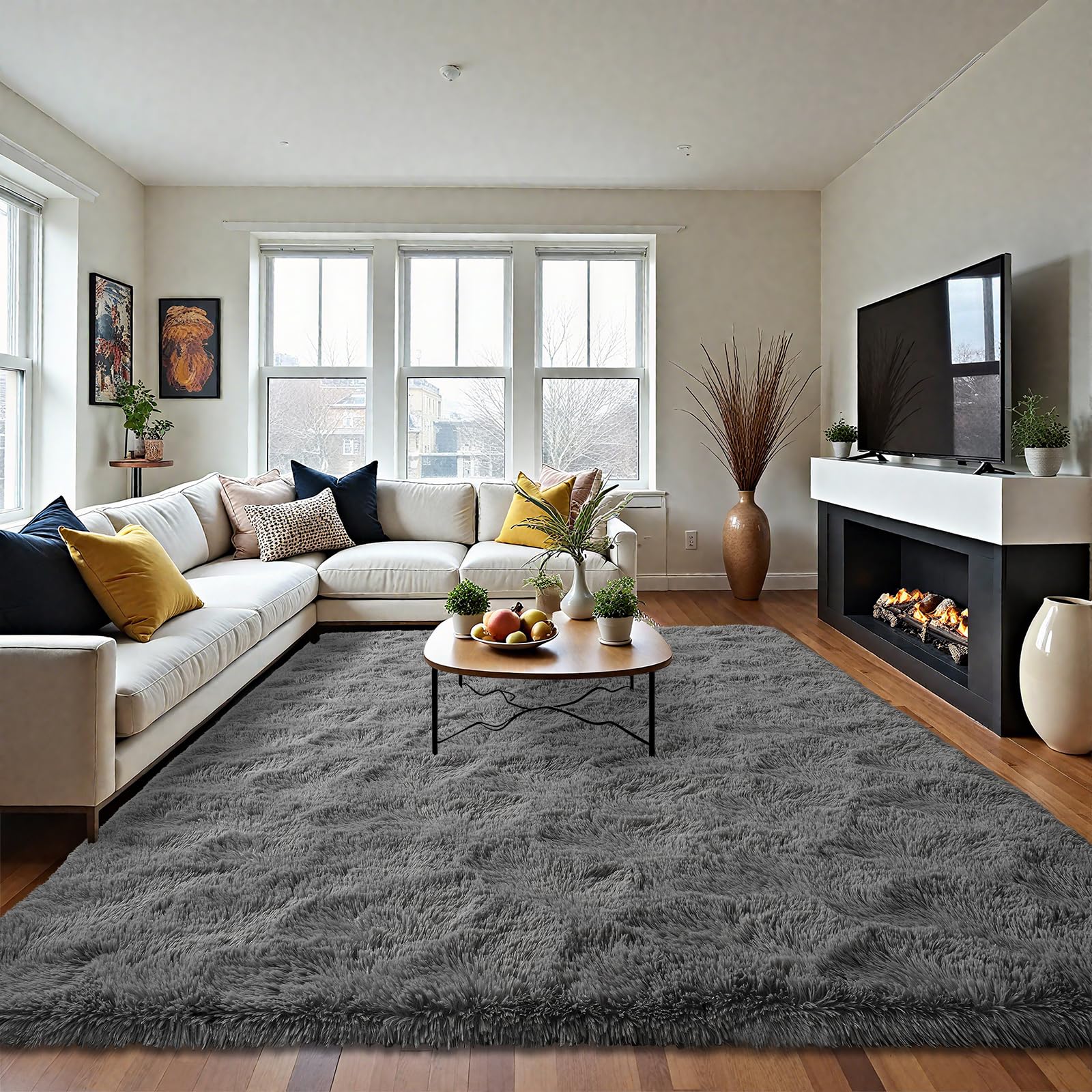 LOCHAS Ultra Soft Indoor Modern Area Rugs 9x12, Fluffy Living Room Carpets for Children Bedroom Home Decor Nursery Rug, Gray