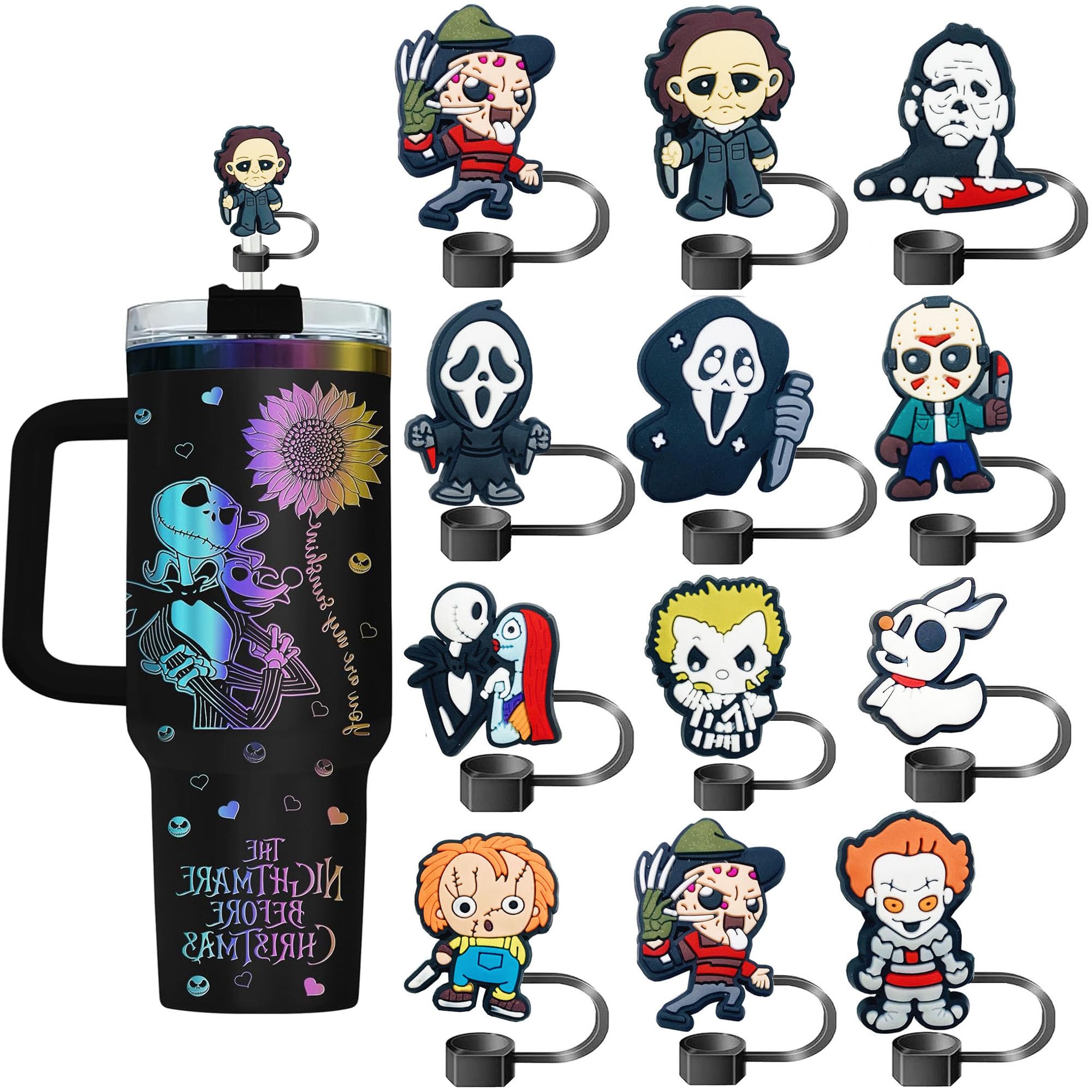 12PCS Halloween Straw Toppers for Stanley Cups,10mm 0.4in Silicone Reusable Horror Movie Straw Covers Cap Compatible with 30&40o
