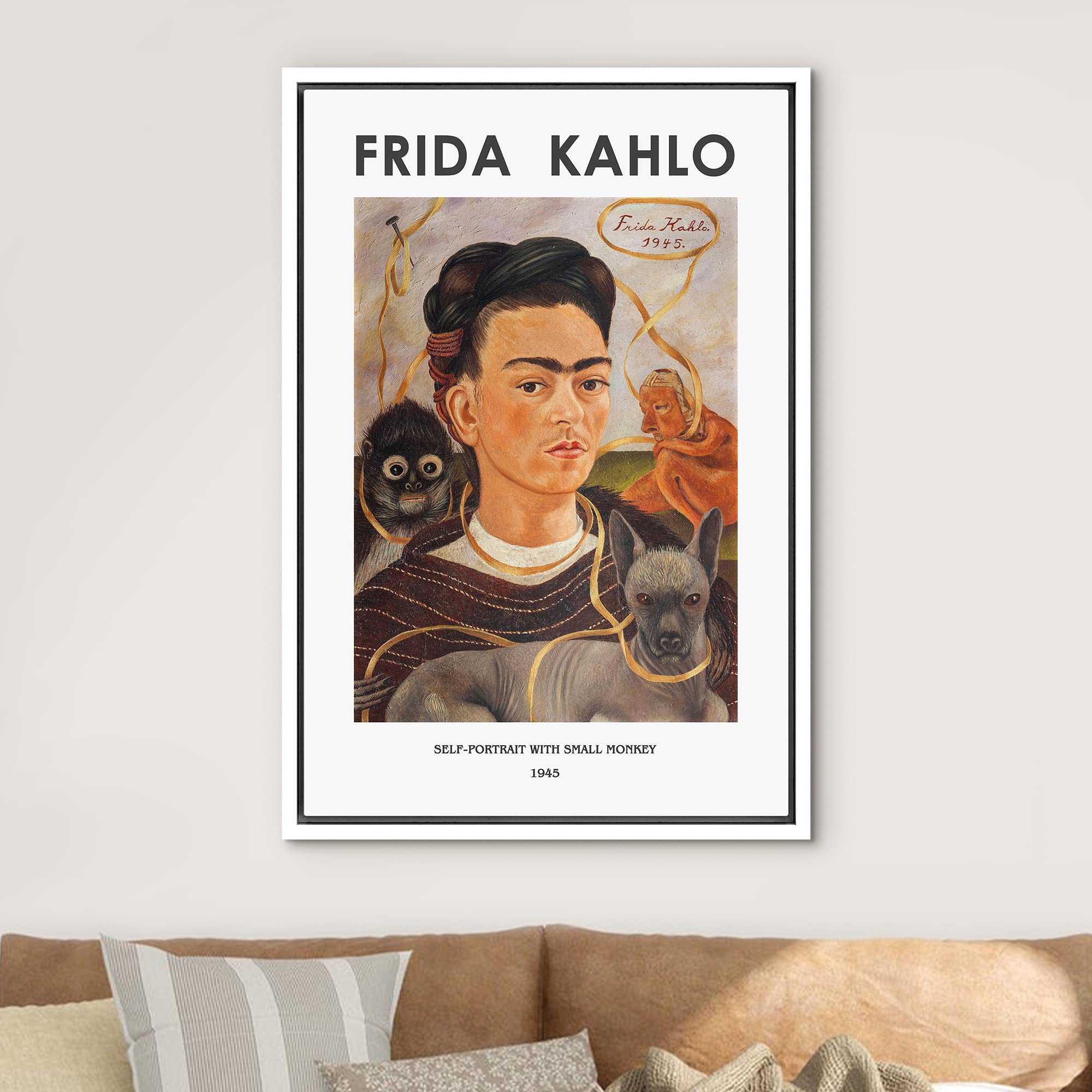 Idea4Wall Framed Canvas Print Wall Art Self-Portrait With Small Monkey By Frida Kahlo Historic Cultural Illustrations Fine Art V