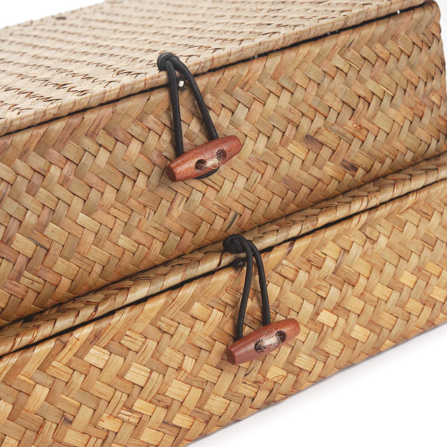 Flat Seagrass Storage Bins with Lid  Wicker Basket for Shelf Organize  Set of 2 (Small+Large)