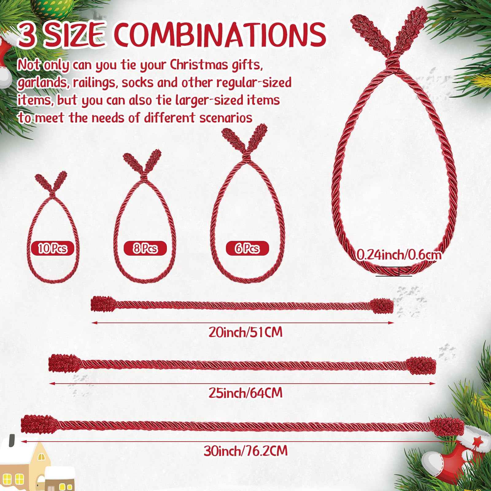 Zhengmy 24 Pcs Christmas Garland Ties Extra Long 30'' 25'' 20'' Red Decorative Twist Tie for Banister Reusable Flexible Twist Ti