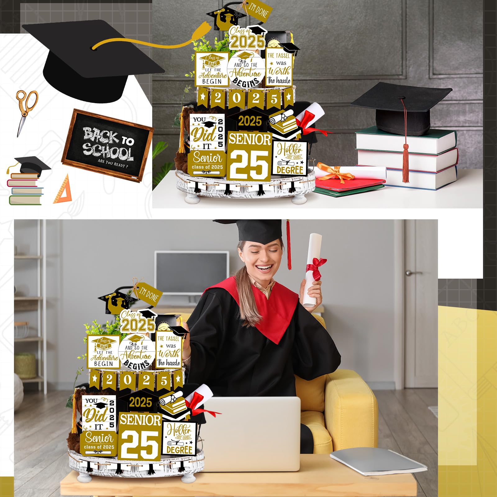 22 Pcs 2025 Graduation Tiered Tray Signs Sets Farmhouse Wooden Class of 2025 Graduation Signs for Home Party Tiered Tray Table O