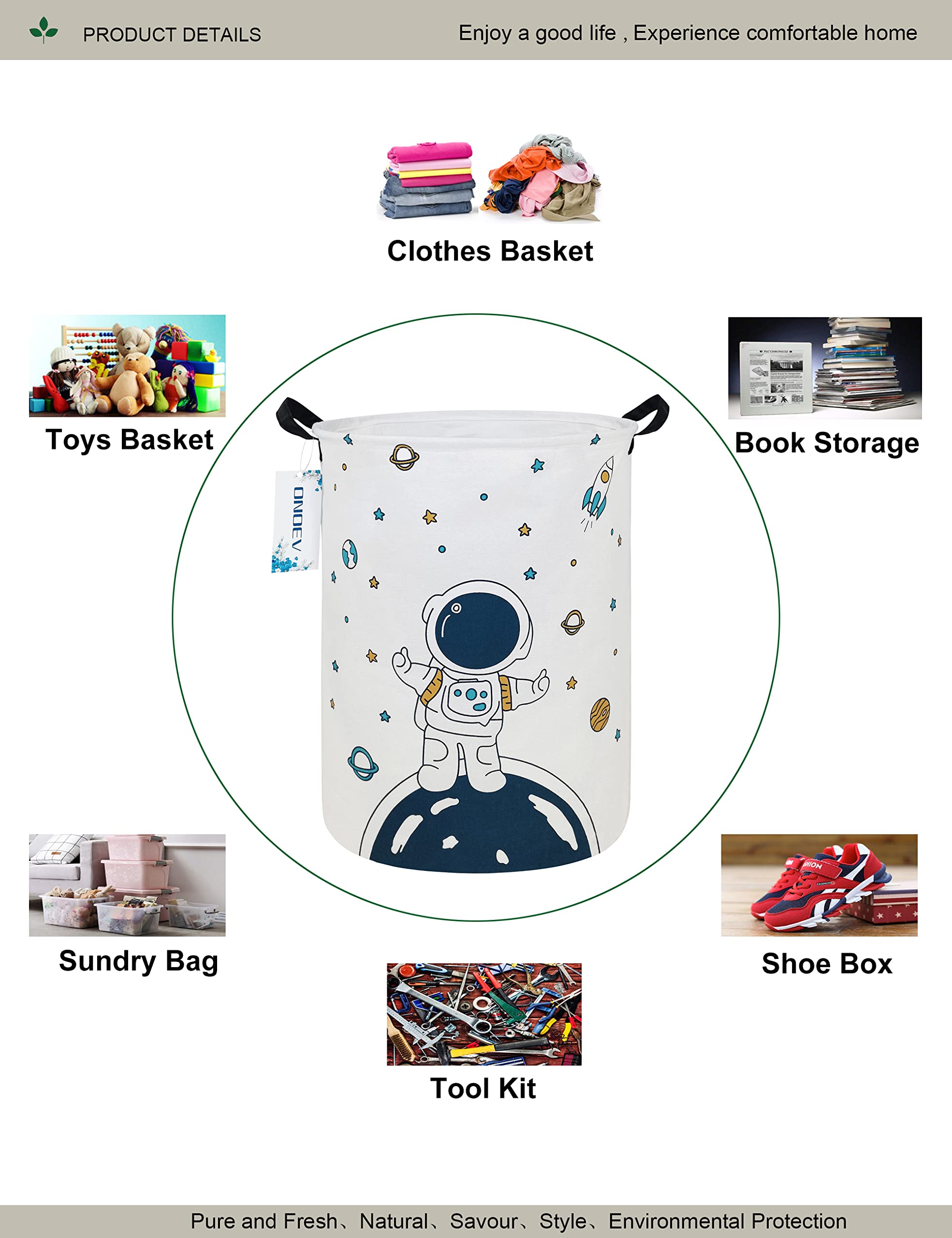 ONOEV Round Fabric Storage Bin Decorative Basket Organizer Basket with Handles for Clothes Storage books and sundries (Star astronaut)  19.7inch(H) x 15.7inch(D)