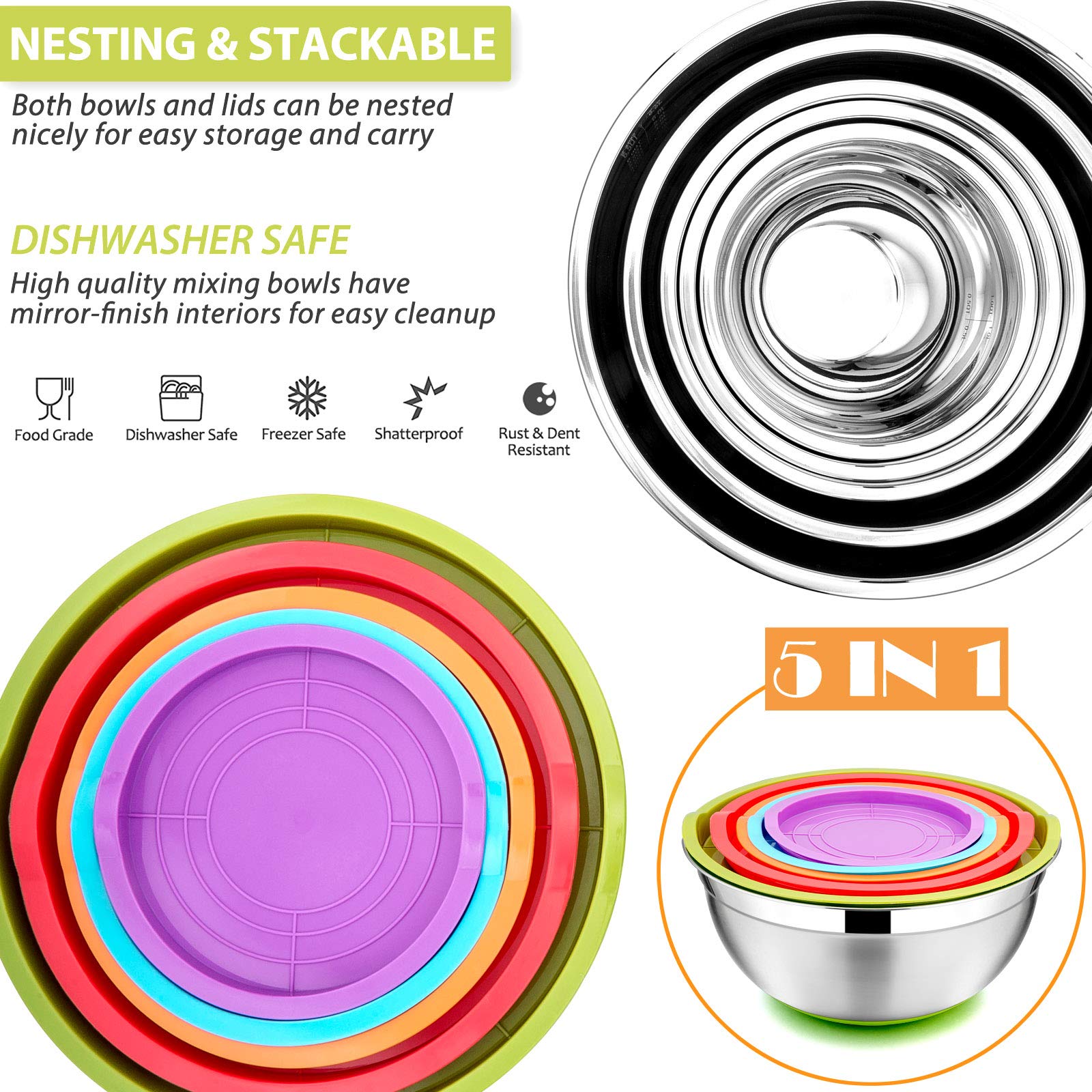 E-Far Stainless Steel Mixing Bowls Set Of 5, Size 7/3.5/2.5/1.5/1 Qt, Metal Nesting Bowls With Colorful Airtight Lids & Non-Slip