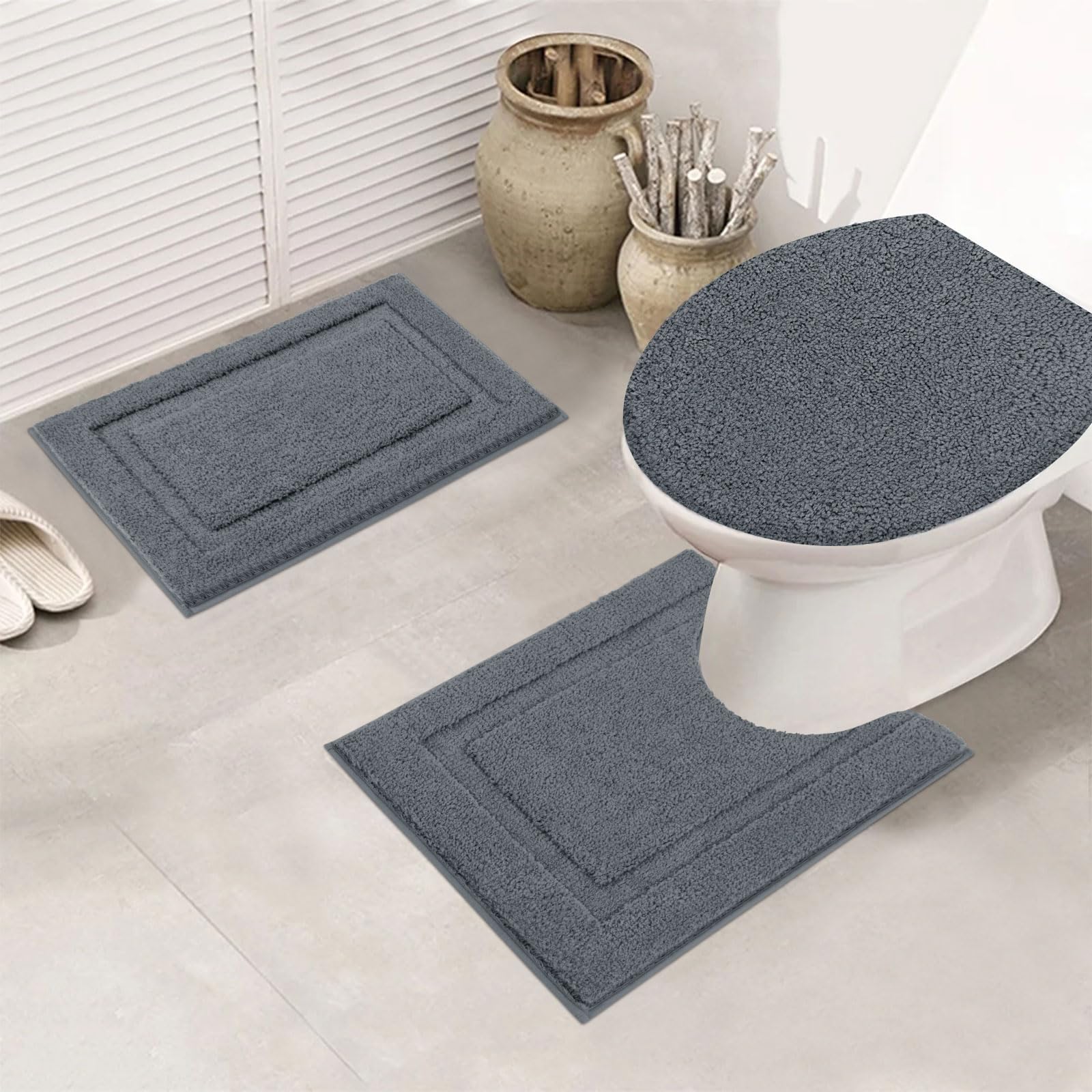Shacos Bathroom Rugs Sets 3 Piece With Toilet Lid Cover, 16''X24''Bath Mat And 20''X24'' U-Shape Contoured Toilet Mat Machine Wa