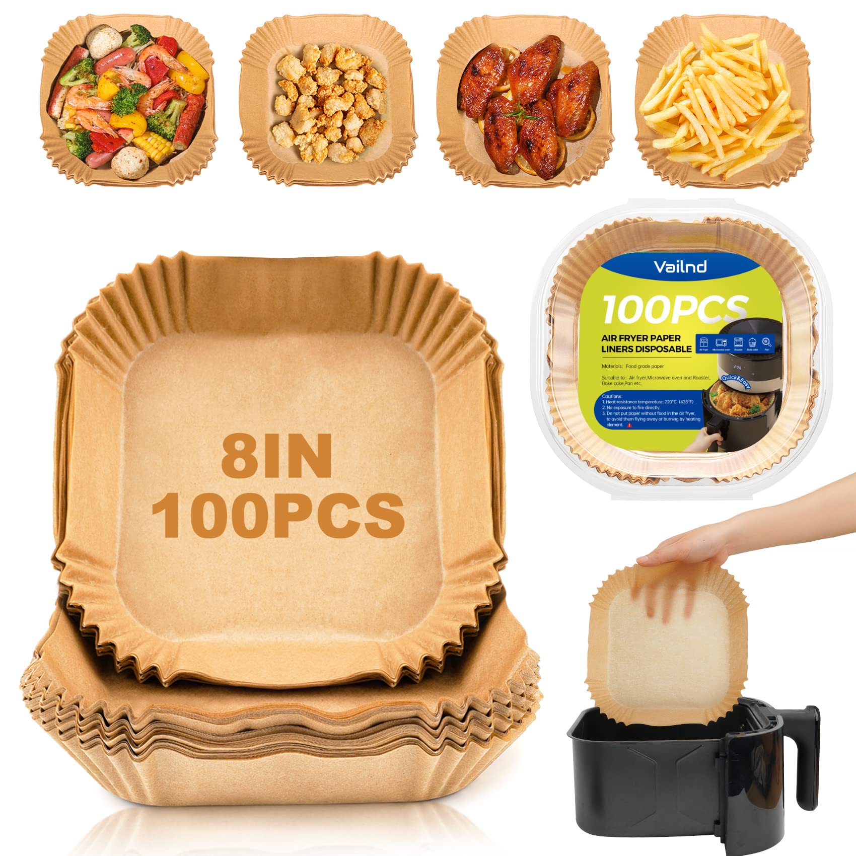Air Fryer Paper Liners:100Pcs Parchment Paper, 8'' Air Fryer Disposable Paper Liner For Microwave, Non-Stick Square Air Fryer Ba