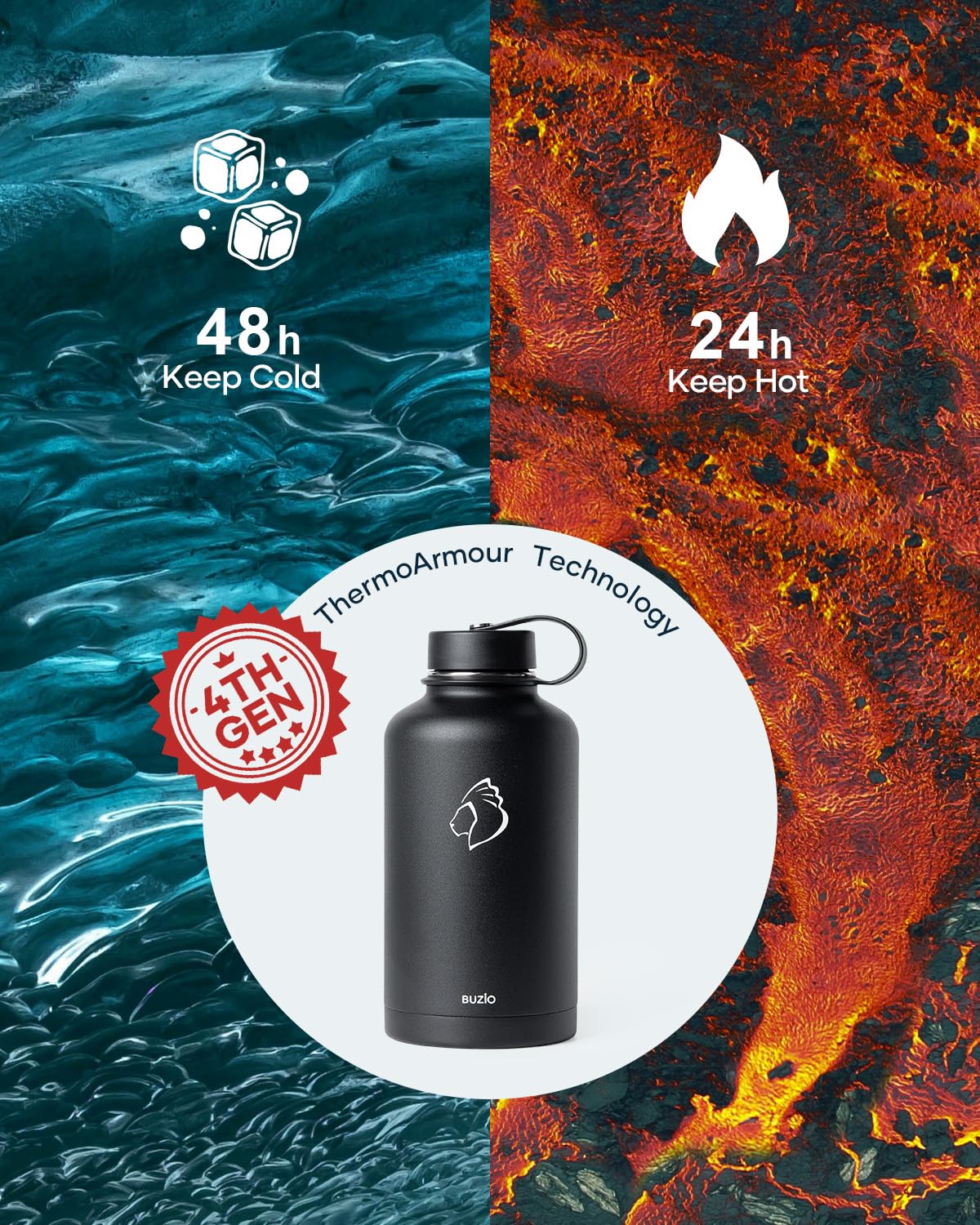 Buzio Vacuum Insulated Stainless Steel Water Bottle 64Oz (Cold For 48 Hrs/Hot For 24 Hrs) Bpa Free Double Wall Travel Mug/Flask