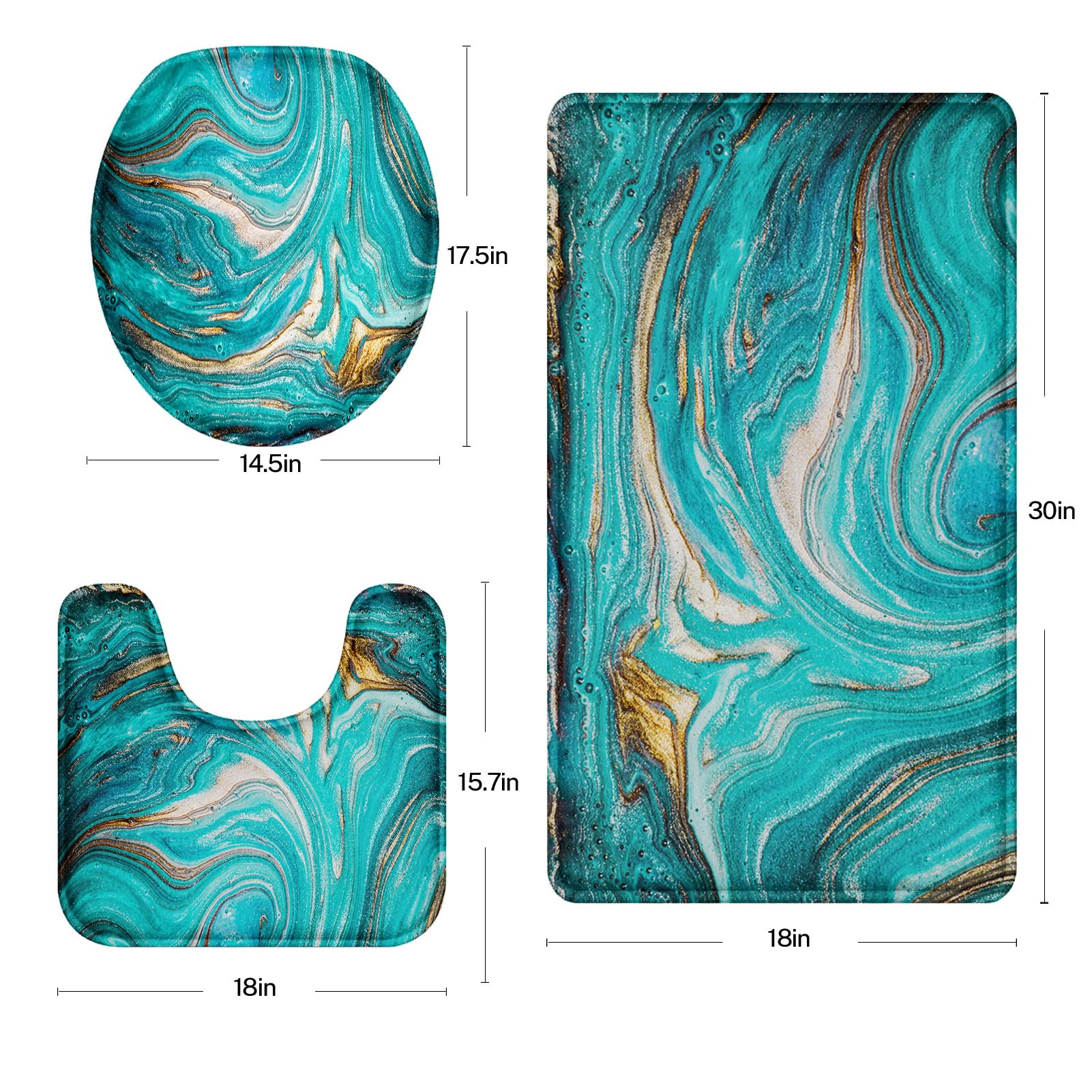 Britimes Turquoise Bathroom Rug Set Of 3, 3 Pieces Teal Bath Mats Set For Bathroom, Green Marble Ripples No Silp Washable Cover