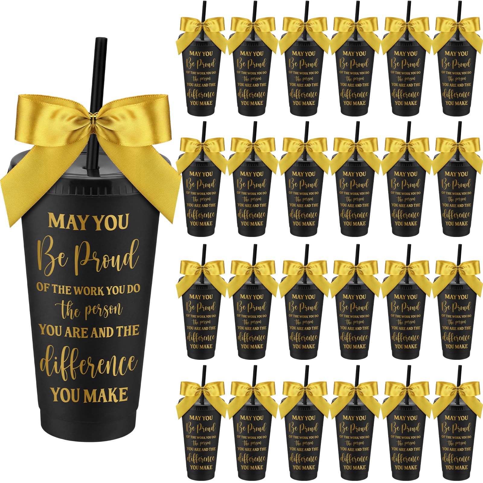 Ferrochef 24 Set Employee Appreciation Gifts Bulk 24oz Plastic Cups with Lid Straw & Gold Bow, Inspirational Reusable Tumblers f