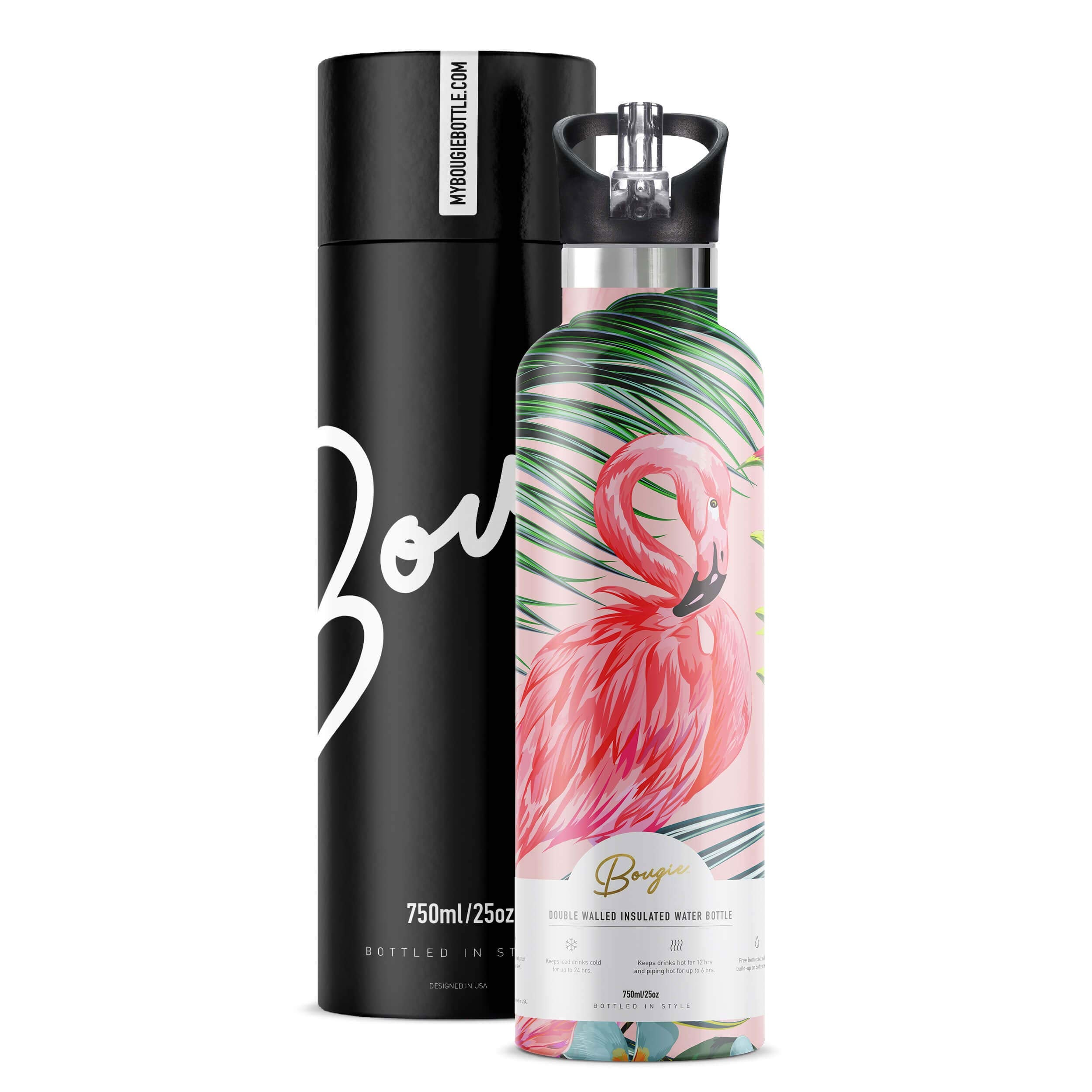 Bougie My Bottle Flamingo Stainless Steel Double Walled Insulated Water Bottle With Wide Mouth Flip N Sip Lip Lid, Two Straws &