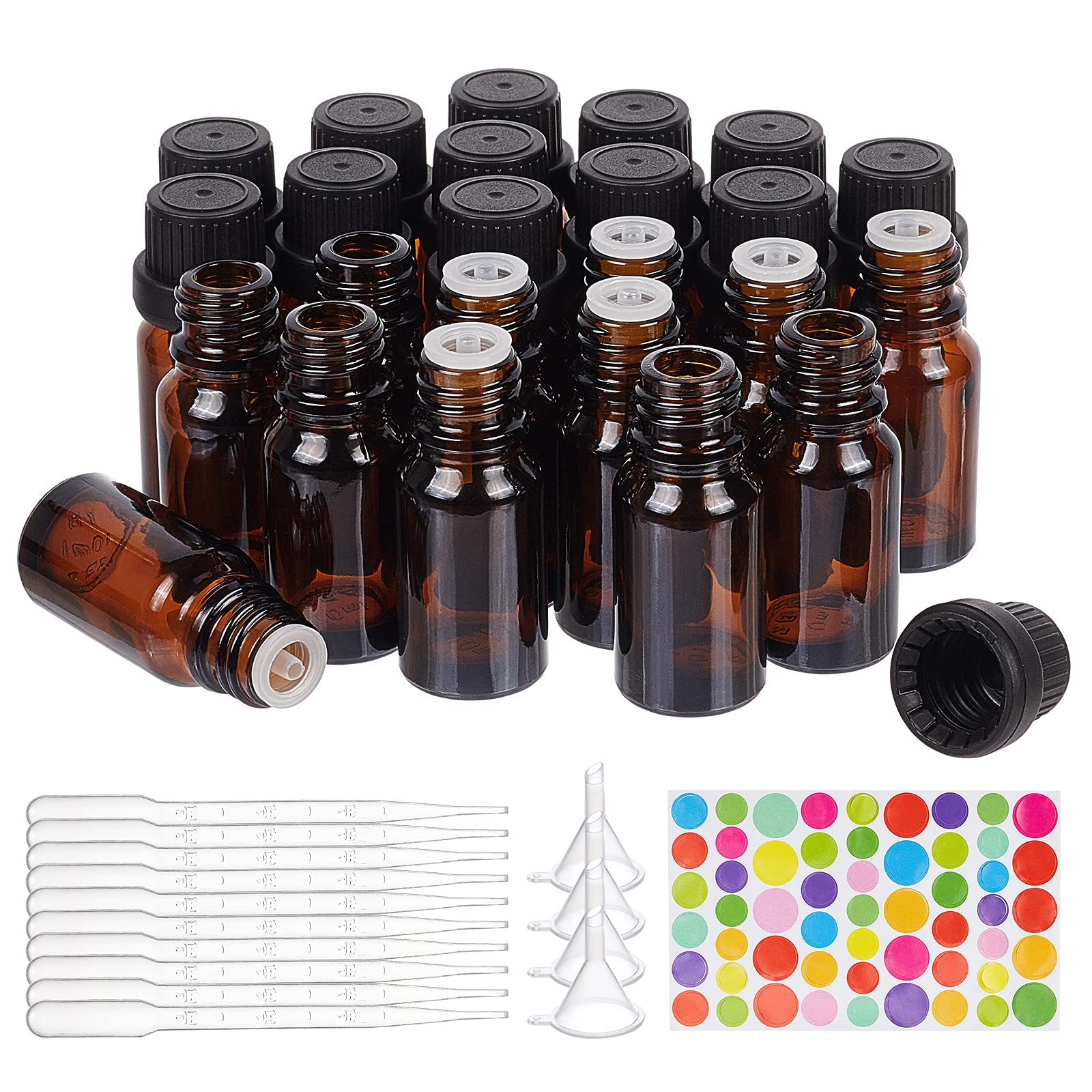Benecreat 24 Pack 10Ml Brown Glass Essential Oil Bottles Refillable Container Kits With Plastic Droppers, Funnel Hoppers And Sti