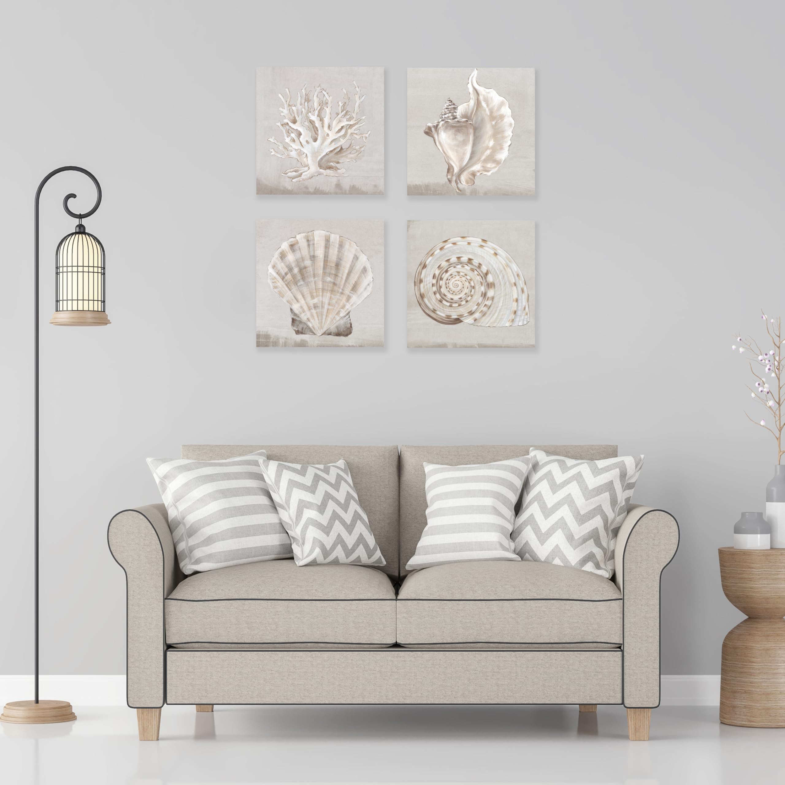 JAPO ART White shells Coastal Modern Seascape Canvas Wall Pictures Vintage Giclee Print on Canvas by PI Creative Art Stretched Living Room Bedroom Wall(White shells Eva Watts  12 x 12 Inch x 4 pcs)