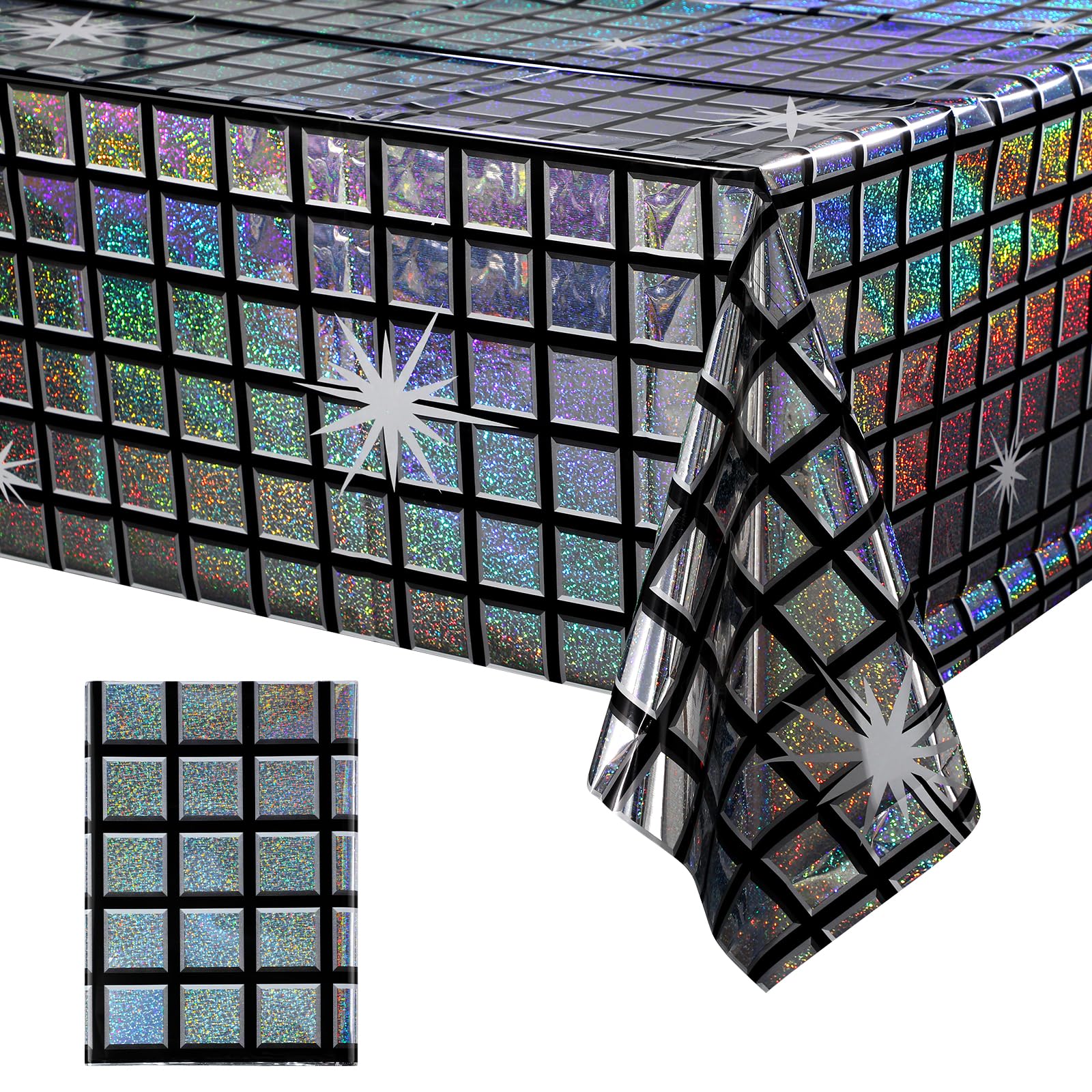 FunnyPars 1 Pack Disco Tablecloth Party Decorations, Shiny Iridescent Disposable Laser Rectangle Table Covers, Silver Plastic Ta