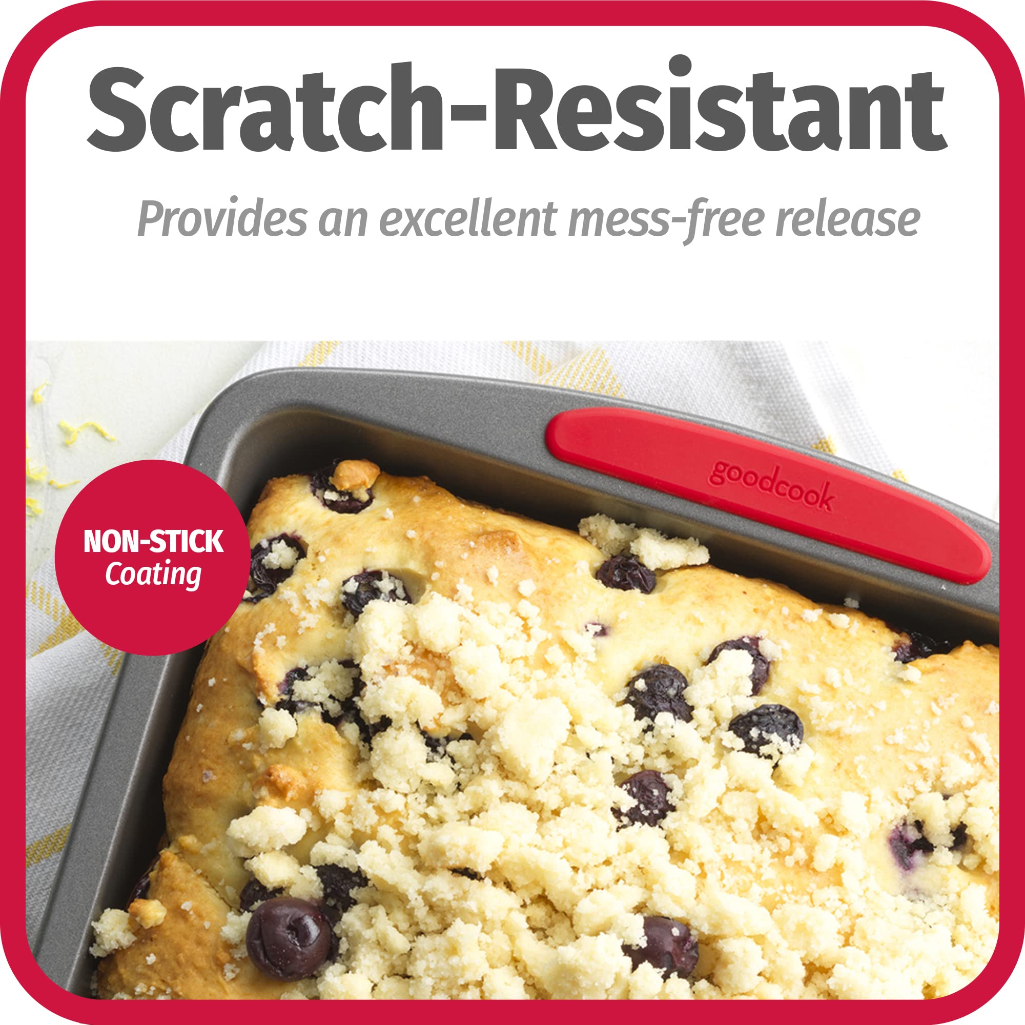 GoodCook Non-Stick Square Baking Pan, 8x8-Inch, Heavy-Gauge Carbon Steel, Gray, Model 04276 with Silicone Grip Handles