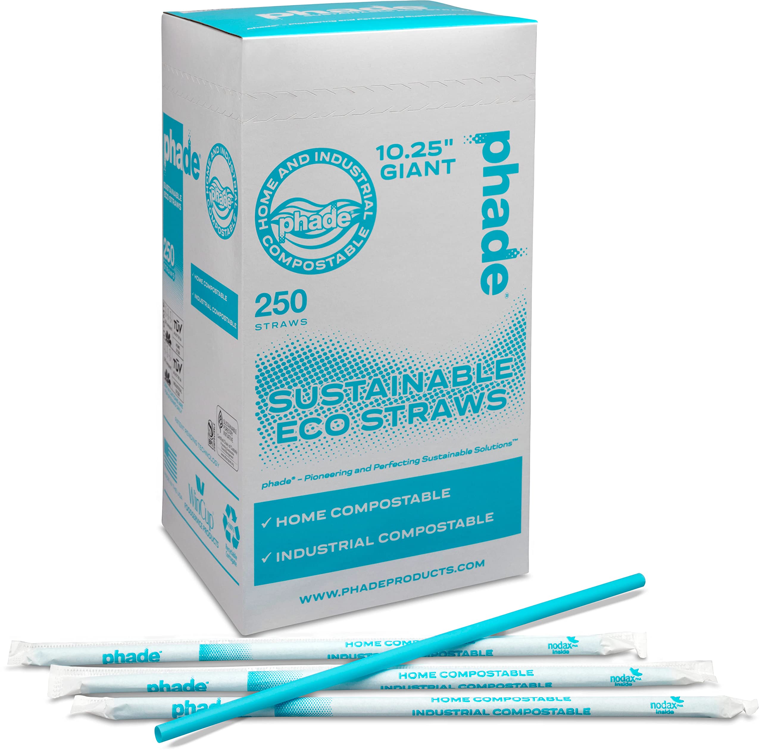phade EcoFriendly 10.25 Giant Drinking Straws 250 Count  Sustainable Marine Biodegradable Compostable Individually Wrapped, 1
