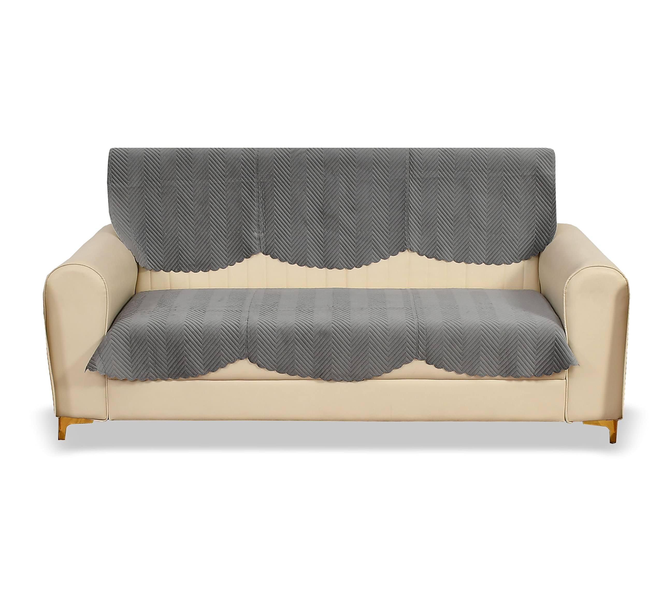Yellow Weaves Velvet 3 Seater Quilted Sofa Cover And Chair Cover, Seat&Back Cover, Color - Dark Grey