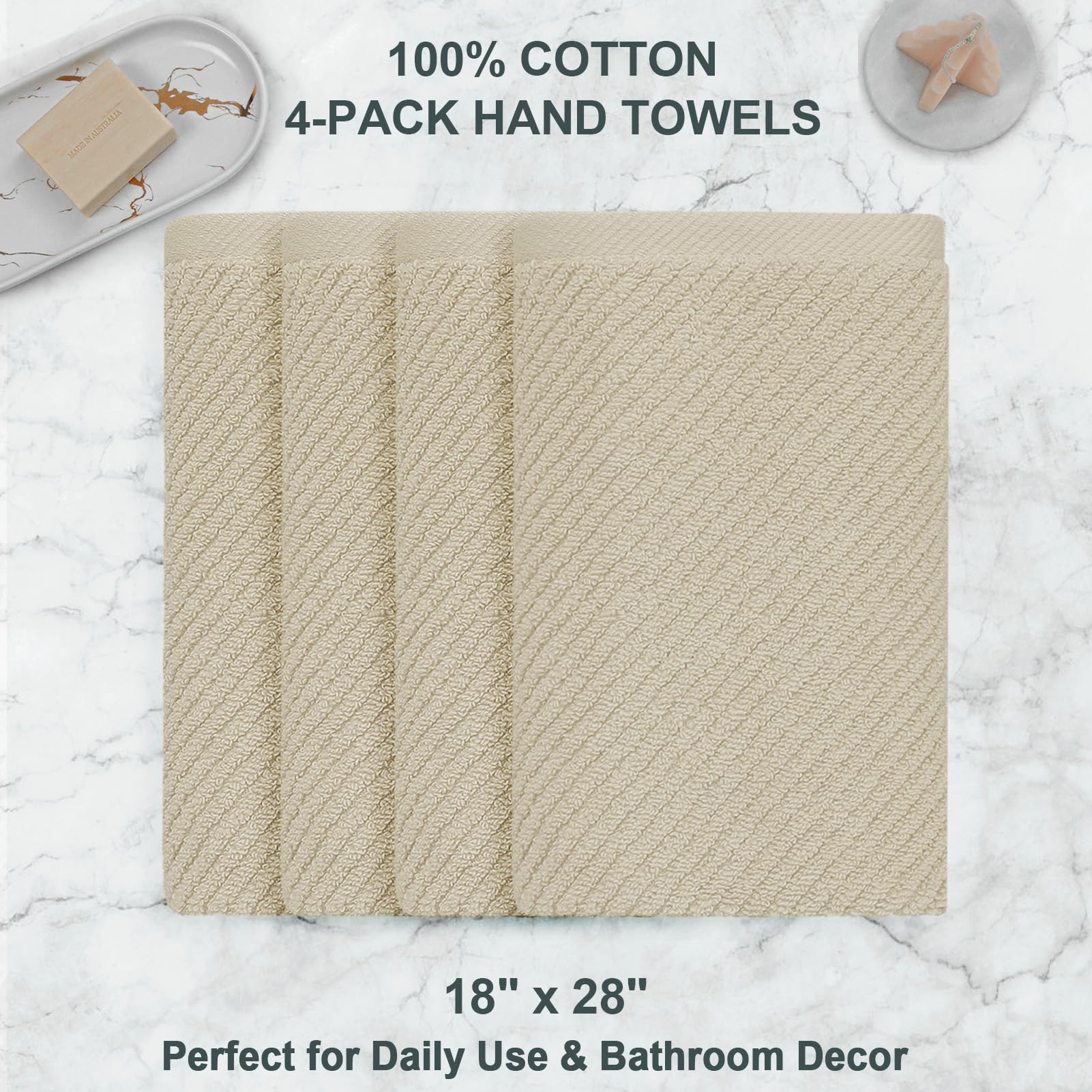 Voova & Movas Bathroom Hand Towels Set Of 4 - Large 18''X28'' | 100% Cotton | Lightweight | Thick | Quick Dry | Soft | Absorb, H