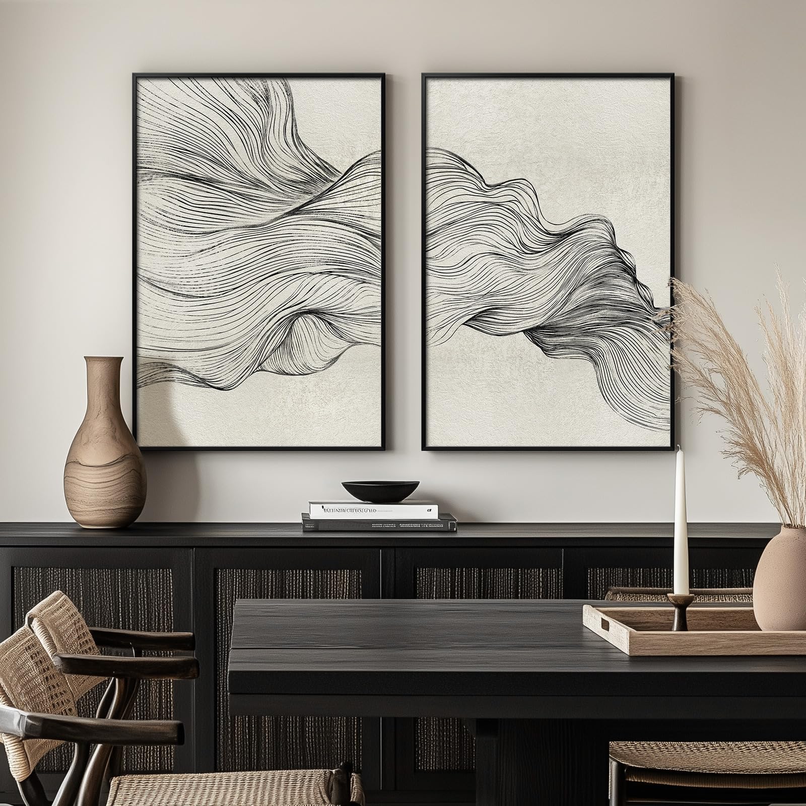 Large Framed Black And White Abstract Wall Art For Living Room, 3 Piece Modern Canvas Prints Paintings For Walls, Minimalist Bla