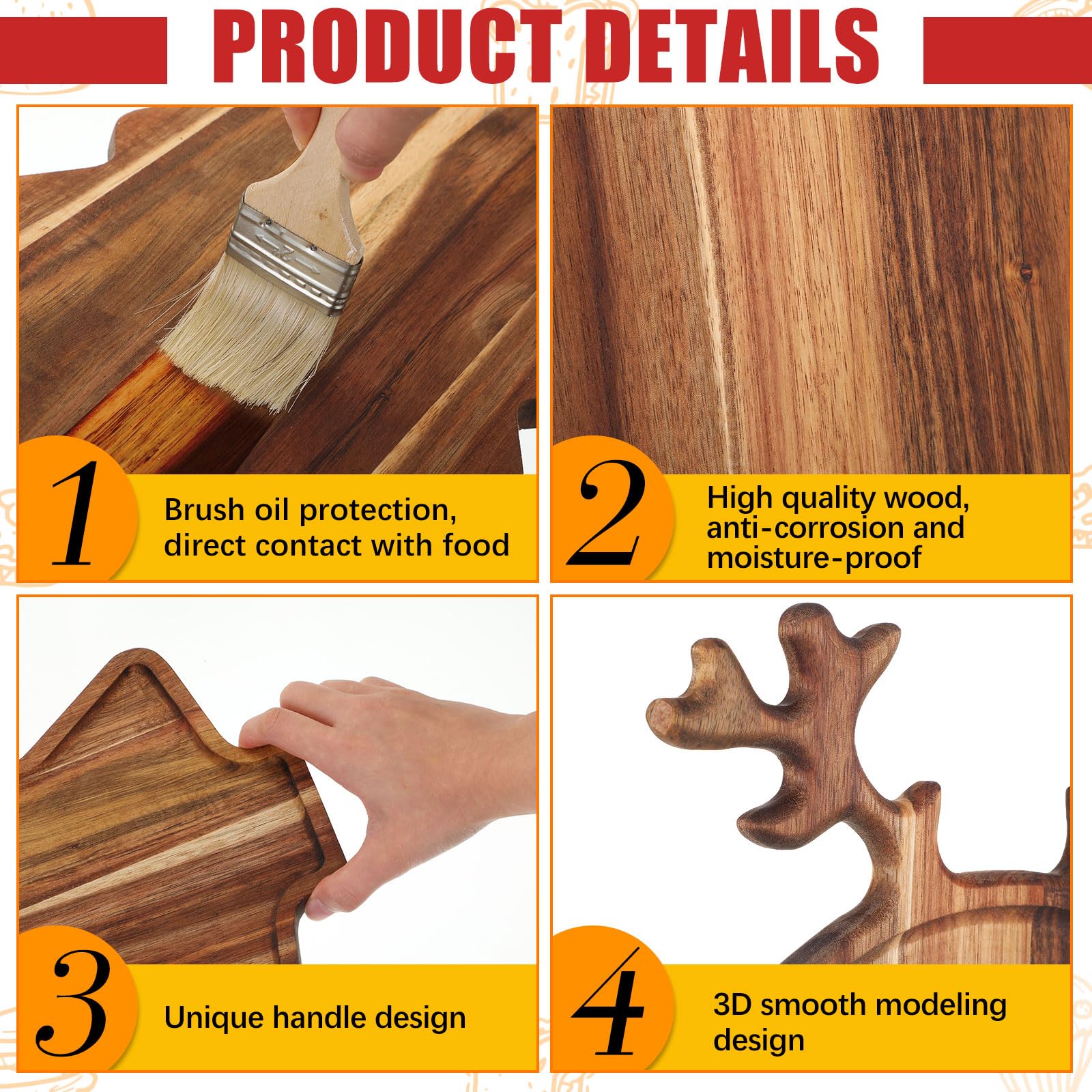 Umigy 2 Pcs Christmas Charcuterie Boards Christmas Tree Wooden Cutting Board with Handle Antler Acacia Wood Cute Cutting Board f