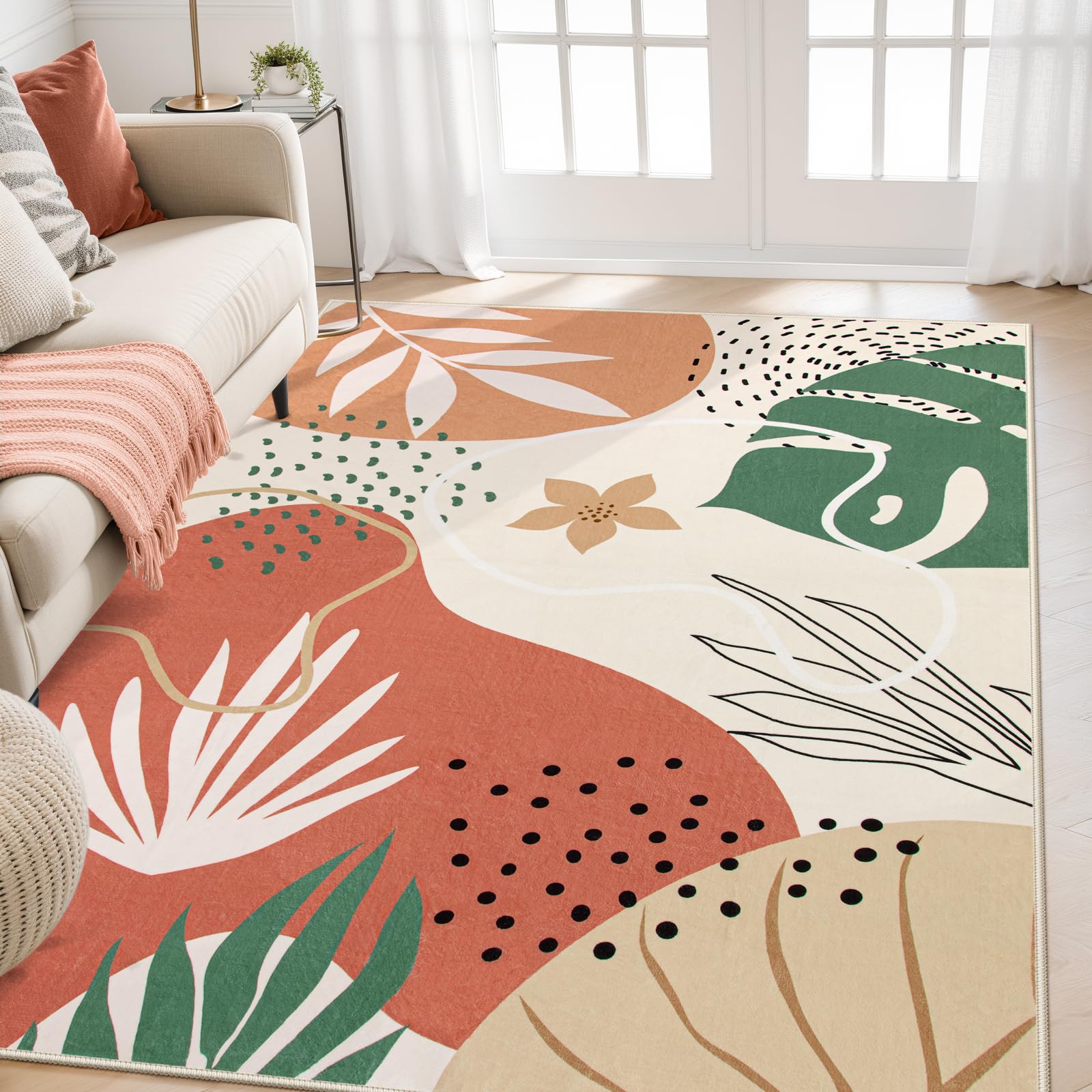 Lahome 4x6 Area Rugs, Washable Rug 4x6 for Living Room Soft Carpet for Bedroom Nursery Kids Room, Botanical Print Non-Slip Low P
