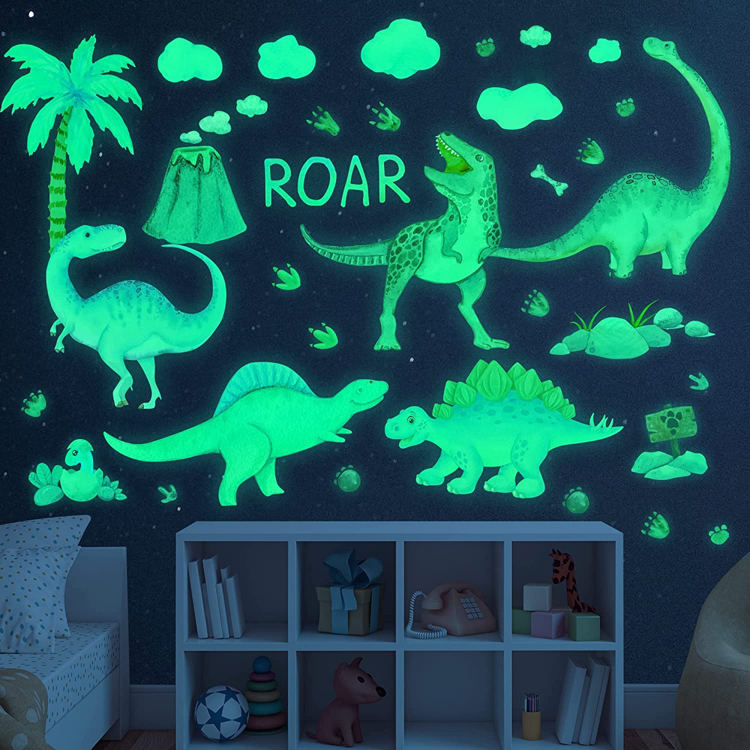 Dinosaur Wall Decals Glow In The Dark Dinosaur Wall Stickers Watercolor Dionsaur Decal Large Removable Vinyl Dino Wall Decals Fo