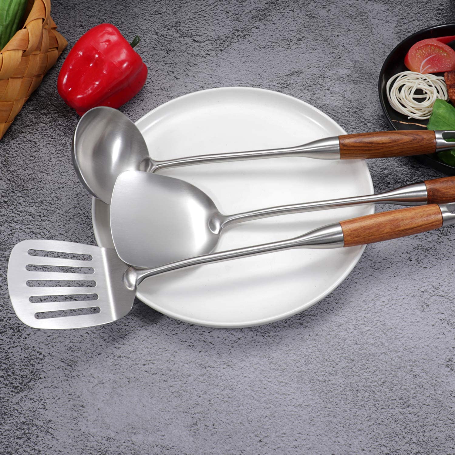 Iqcwood Cooking Utensils Set, 5 Piece Wooden Utensils For Cooking, Stainless Steel Cooking Utensils, Wooden Spatula Kitchen Tool