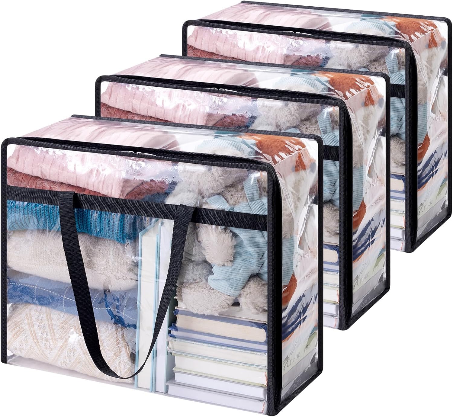 Golden Bird 40L Transparent Pvc Storage Bags, 3 Pack, 46 X 38 X 23 Cm, Rectangular, Zipper Closure, Foldable, Stackable, Perfect