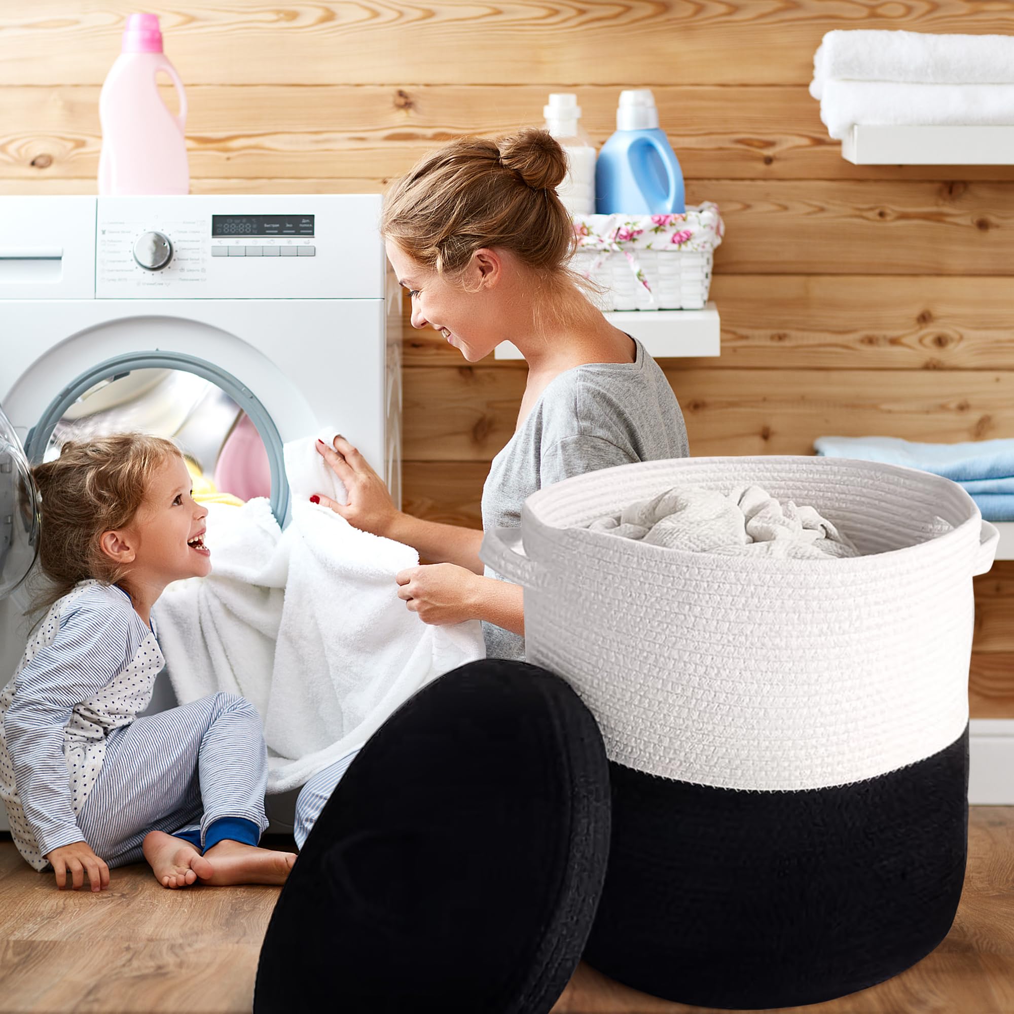 Extra Large Storage Basket With Lid 60L, 16''Wx18''H Woven Laundry Basket With Lid Cotton Laundry Basket, Wicker Basket Blankets