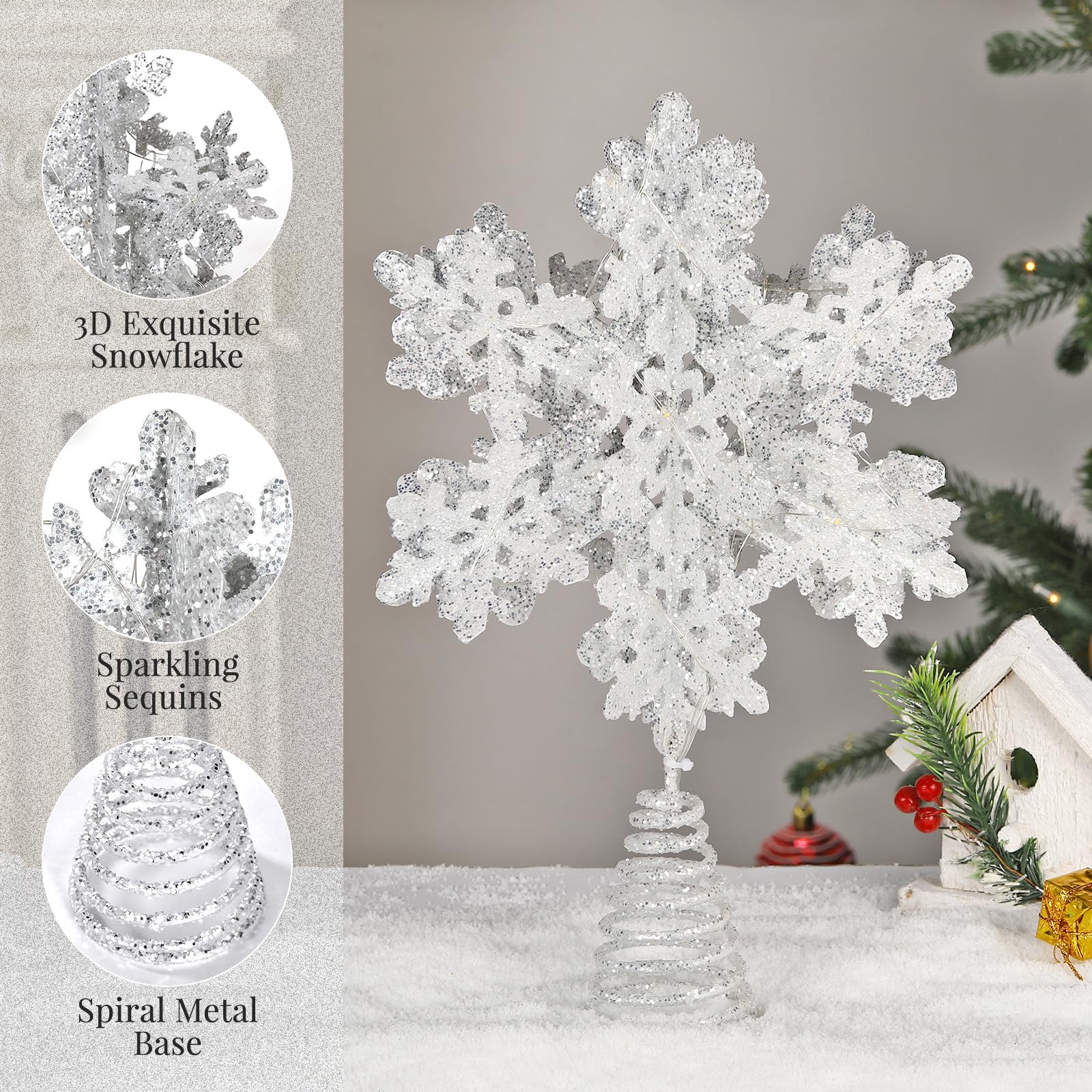 Lewondr Christmas Snowflake Tree Topper, 3D Snowflake Treetop USB & Remote Control, 13'' Xmas Tree Topper with LED Light Beads,