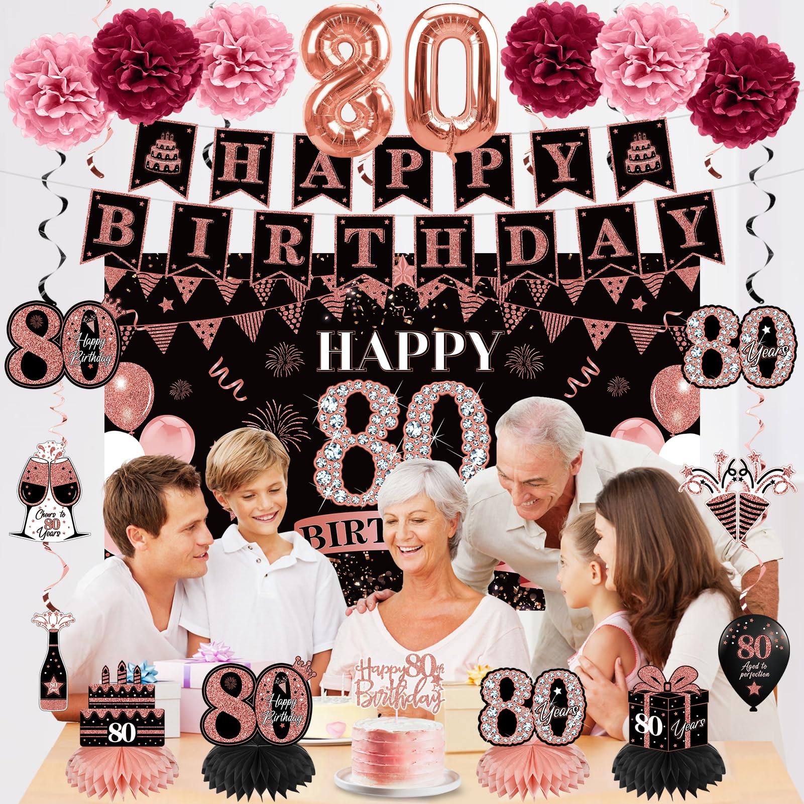 42Pcs 80Th Birthday Decoration Kit For Women, Rose Gold Happy 80Th Bday Banner Balloons Honeycomb Centerpiece Swirl Paper Pompom