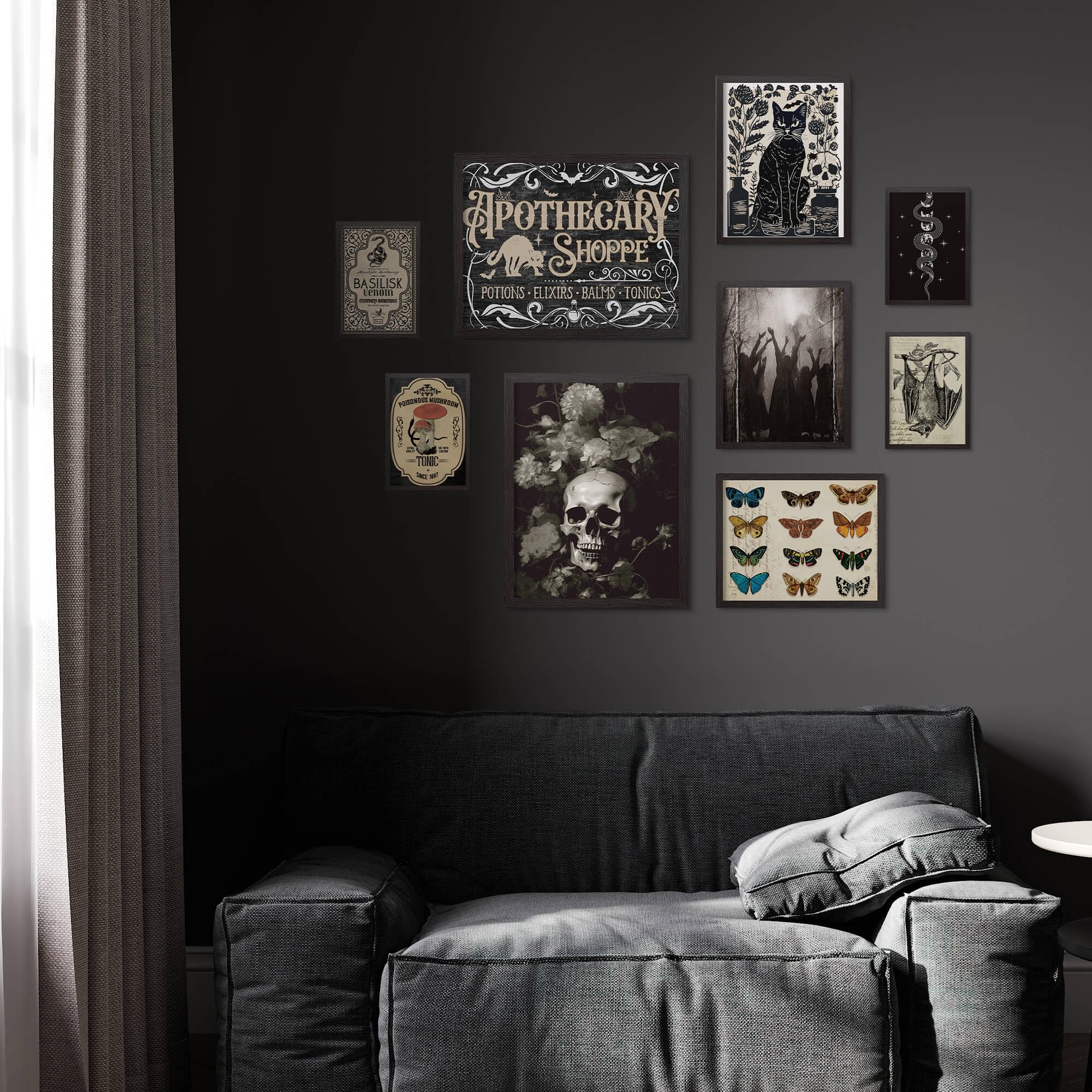 Putuo Decor Gothic Witchy Wall Decor Aesthetic, 9Pcs Gothic Ghost Black Cat Wall Decor, Dark Academia Room Decor, Skull Bat Prin