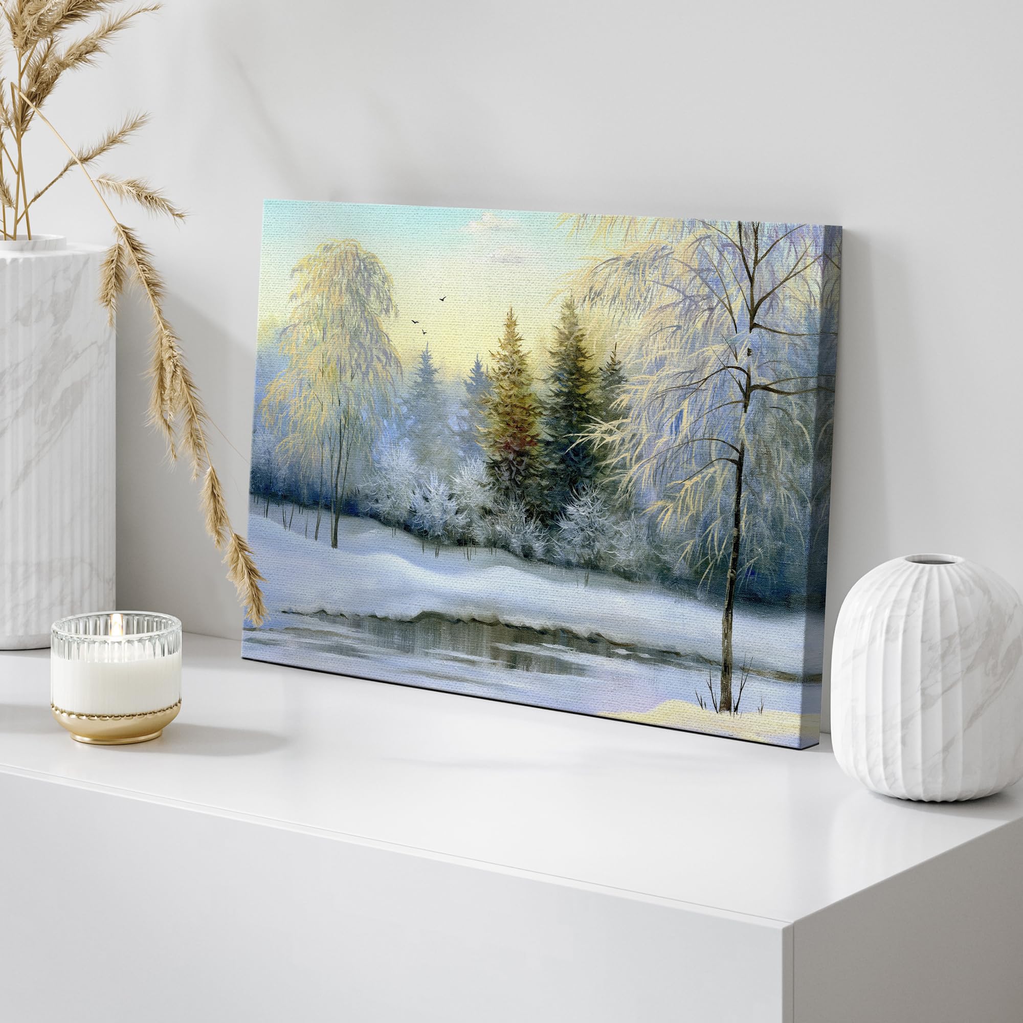 wall26 Canvas Print Wall Art Winter Forest Landscape with Frozen Lake Nature Wilderness Illustrations Modern Art Rustic Scenic Colorful Multicolor for Living Room  Bedroom  Office - 24''x36''