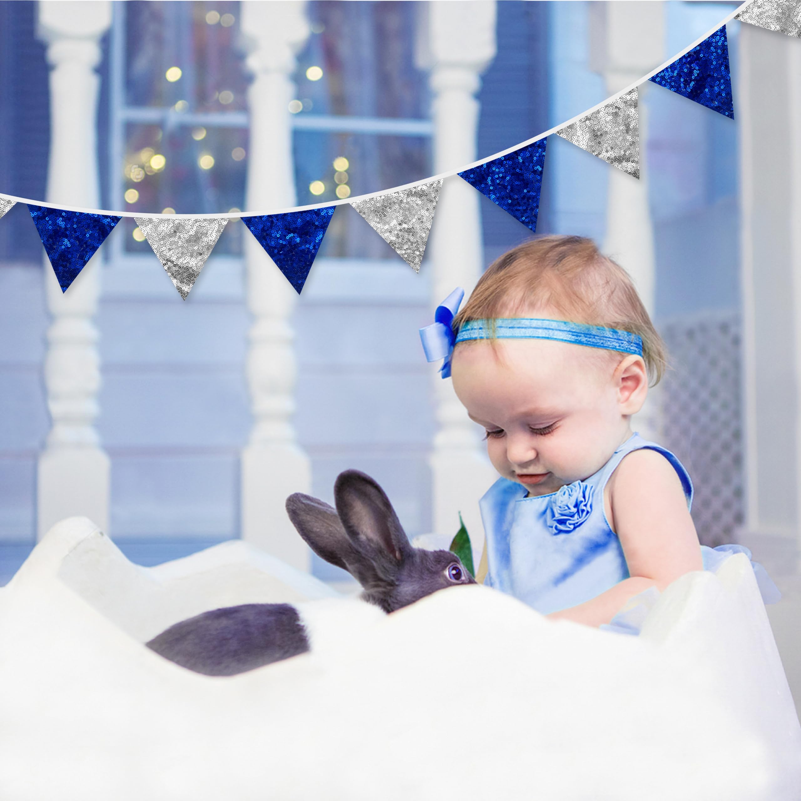 Pinkblume Silver Blue Decorations Double Sided Sequin Fabric Royal Blue Silver Triangle Pennant Banner Flag Bunting Garland For