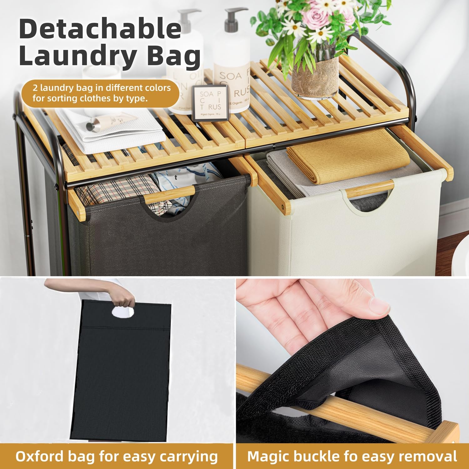 Laundry Hampers 2 Section, Laundry Sorter With Removable Shelf And Pull-Out Bags, Clothes Hampers With Wheels Rolling Cart Baske