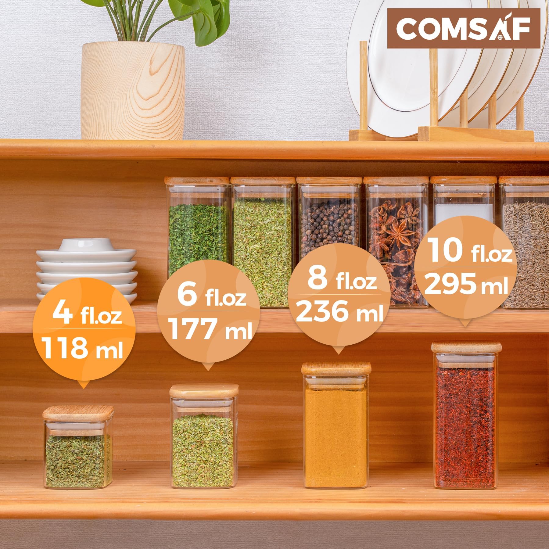 Comsaf 12Pcs Glass Spice Jars With Bamboo Lid, 4Oz Airtight Square Spice Containers With 275 Black Lables, Empty Seasoning Jars