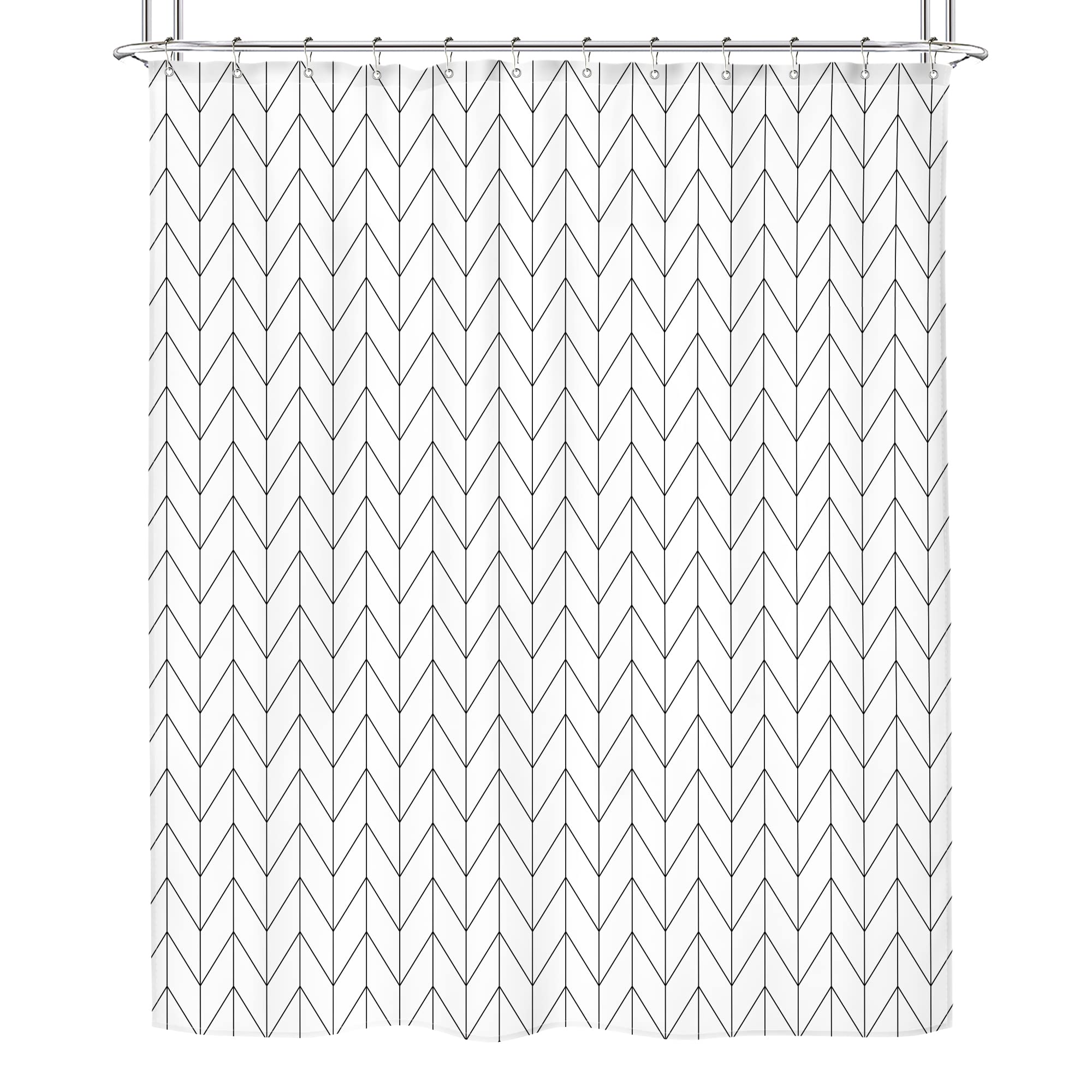 Riyidecor Stall Herringbone Chevron Shower Curtain Black White 72x72 Inch Geometric Striped Simple Modern Classy Neutral Contemporary 12 Pack Hooks Decor Fabric Bathroom Set Polyester Waterproof