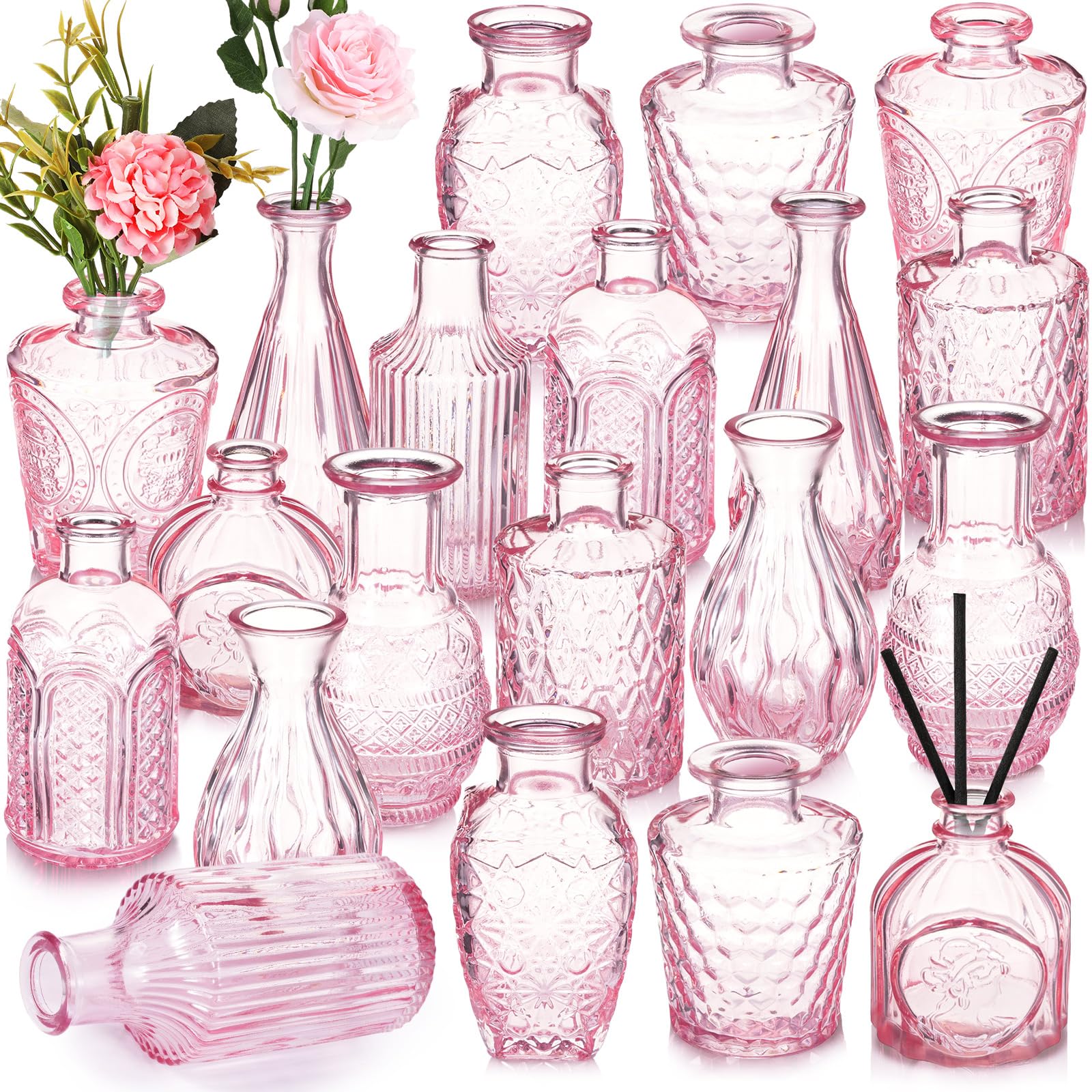 Inbagi Glass Vase Set, 20 Pcs Vintage Flower Vases in Bulk, Different Shapes and Sizes, Pink, for Decorative Centerpieces, Rusti