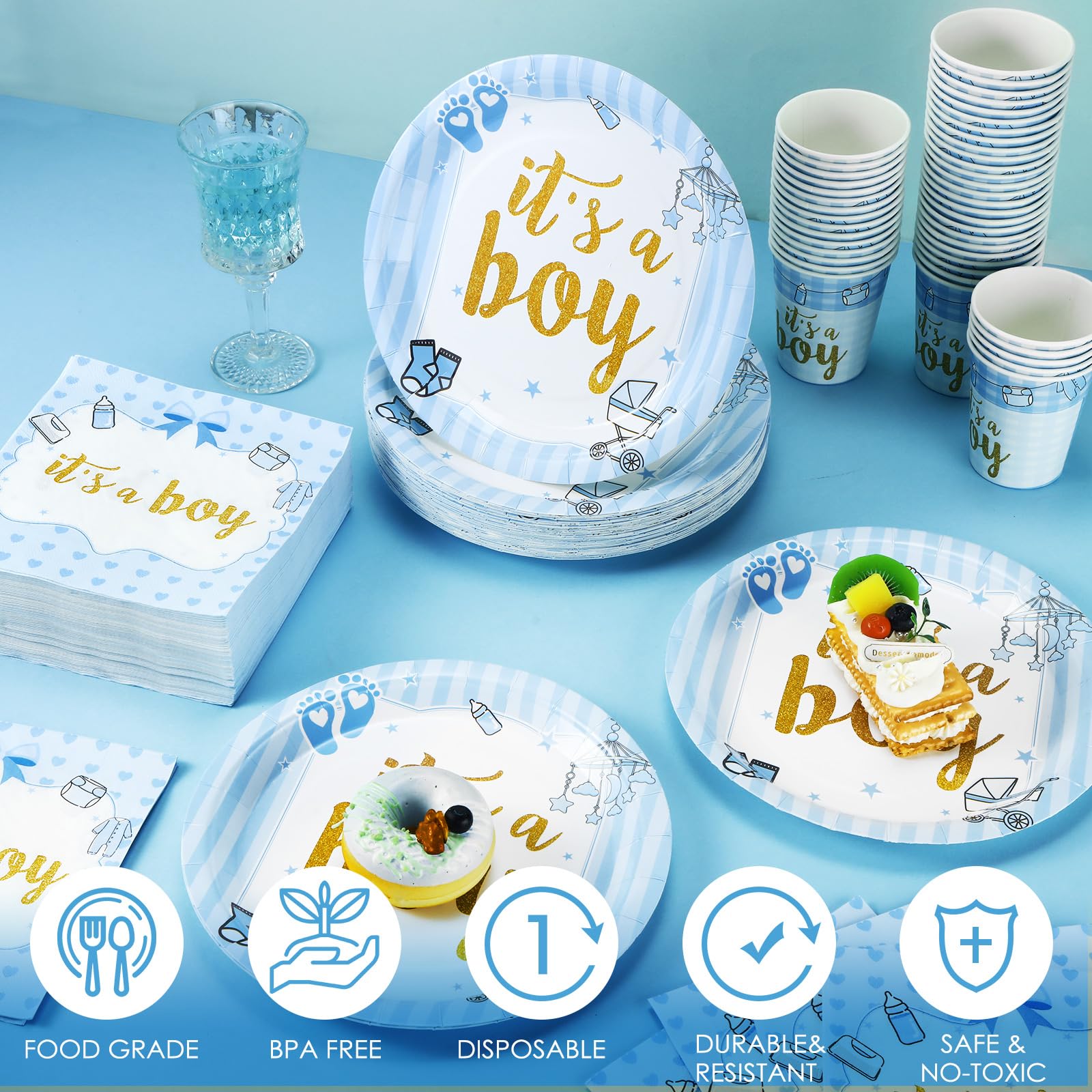 200 Pcs Blue Baby Shower Paper Plates Napkins Cups Boy Baby Shower Party Supplies Tableware Set Blue Disposable Cup Napkin For 5