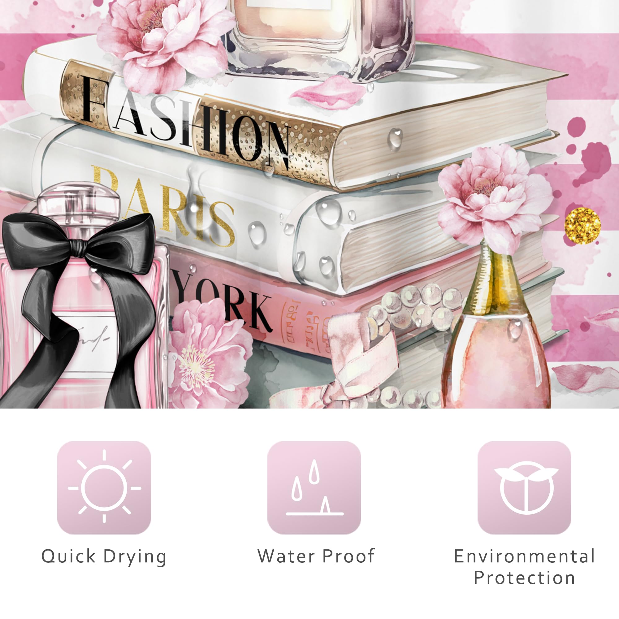 Riyidecor Fashion Shower Curtain 60Wx72H Inch Modern Women Pink White Stripe Magazine Books Perfume Flower Gold Dots Girls Bathroom Decor Fabric Polyester Waterproof 12 Pack Hooks
