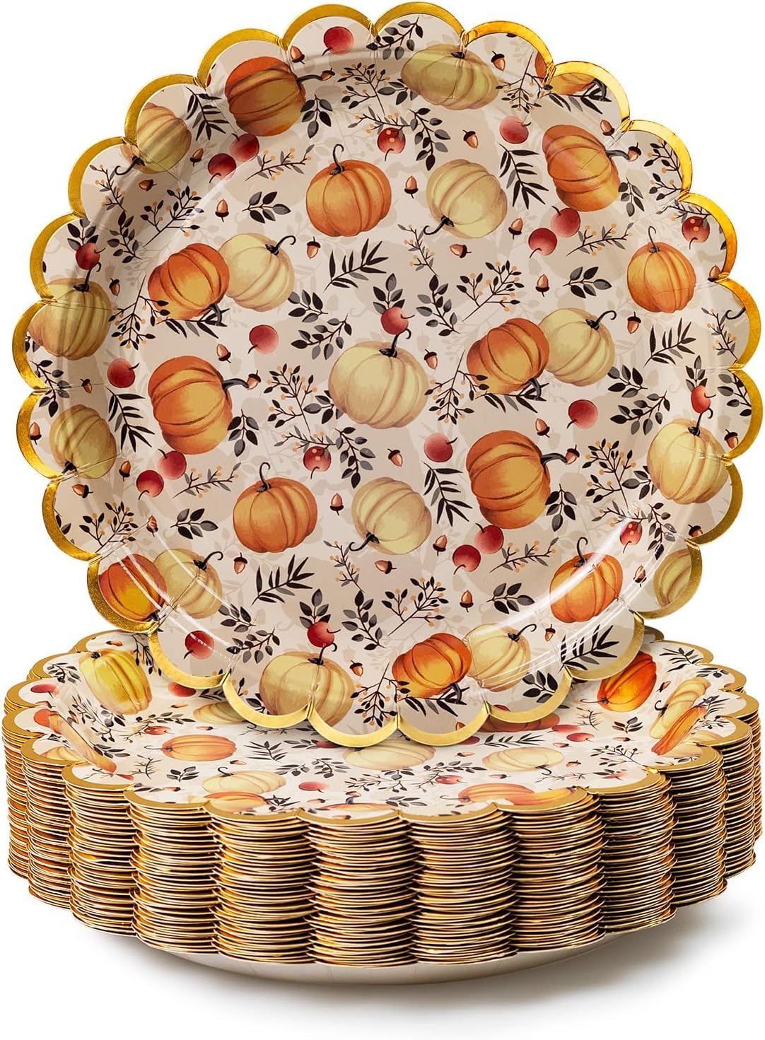 Confettiville Thanksgiving Paper Plates, 50-Count Fall-Themed Decorative Disposable Serving Plates, Cream, Gold Foil Scalloped E