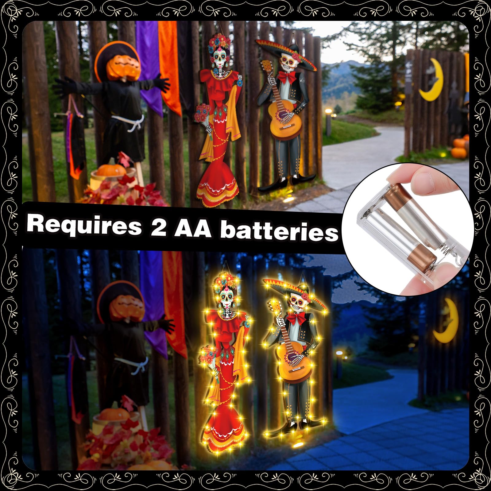 Karenhi 2 Pcs Dia De Muertos Decorations Day of The Dead Porch Decor Mexico Day of The Dead Porch Signs with LED Lights Hallowee