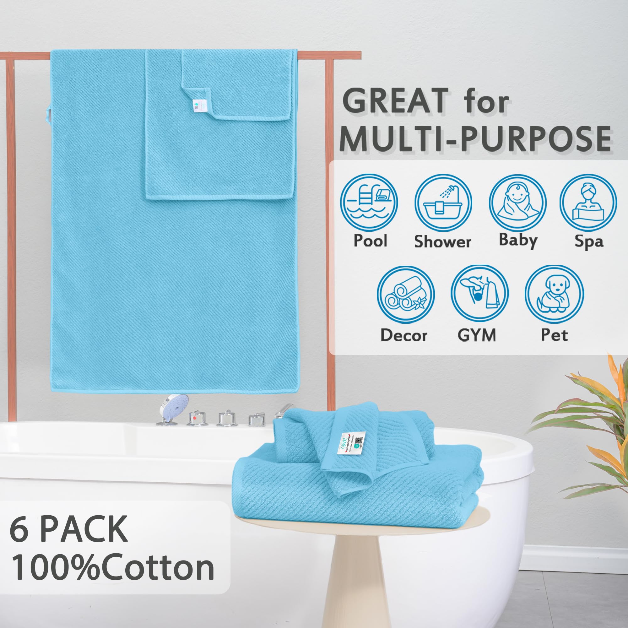 Blue Towels Bathroom Sets  Luxury 6PCS Gift Set  2 Large Bath Towels 30 x 56  2 Hand Towels 18 x 28  2 Wash Cloths 13 x 13  100% Cotton  Thick  Soft  Quick Dry  Christmas Bathroom Decorations